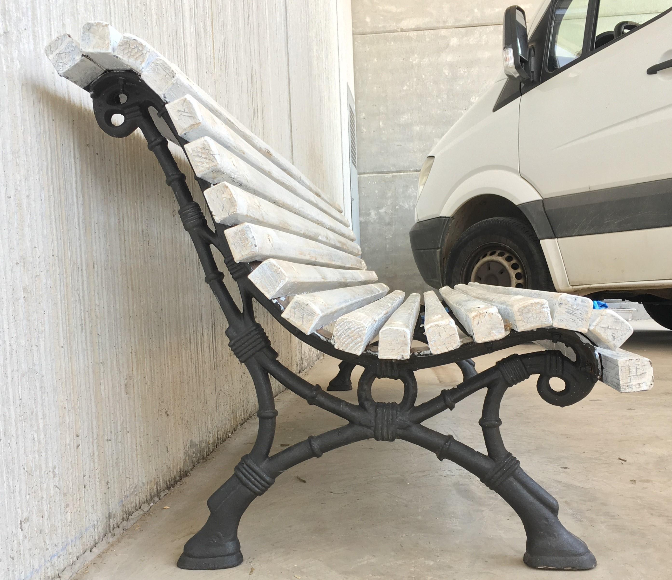 Mid-Century Modern Late 19th Century French Cast Iron Park Bench with Wood Slats