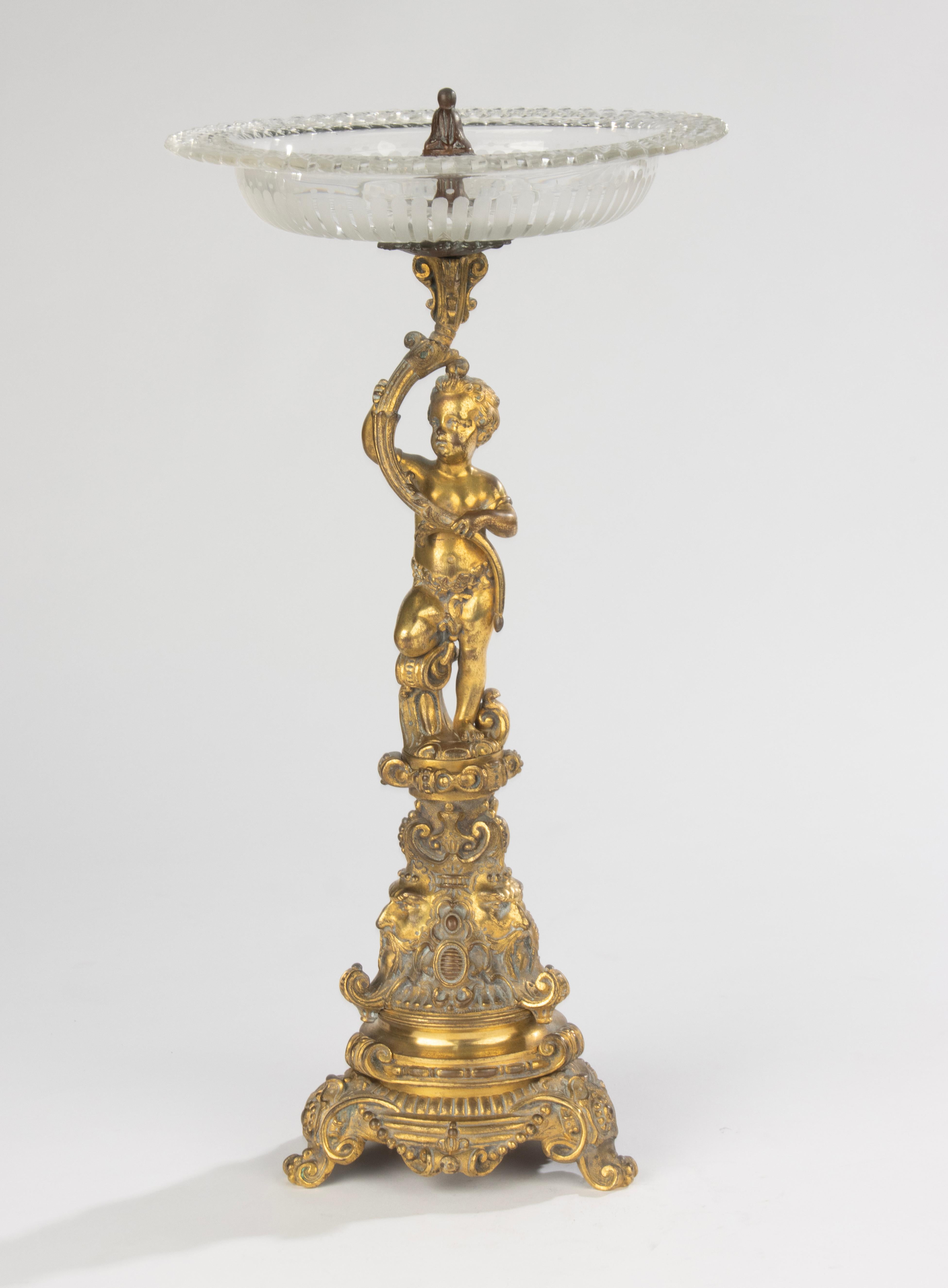 Renaissance Late 19th Century French Centerpiece - Bronze - Putto with Crystal Dish For Sale
