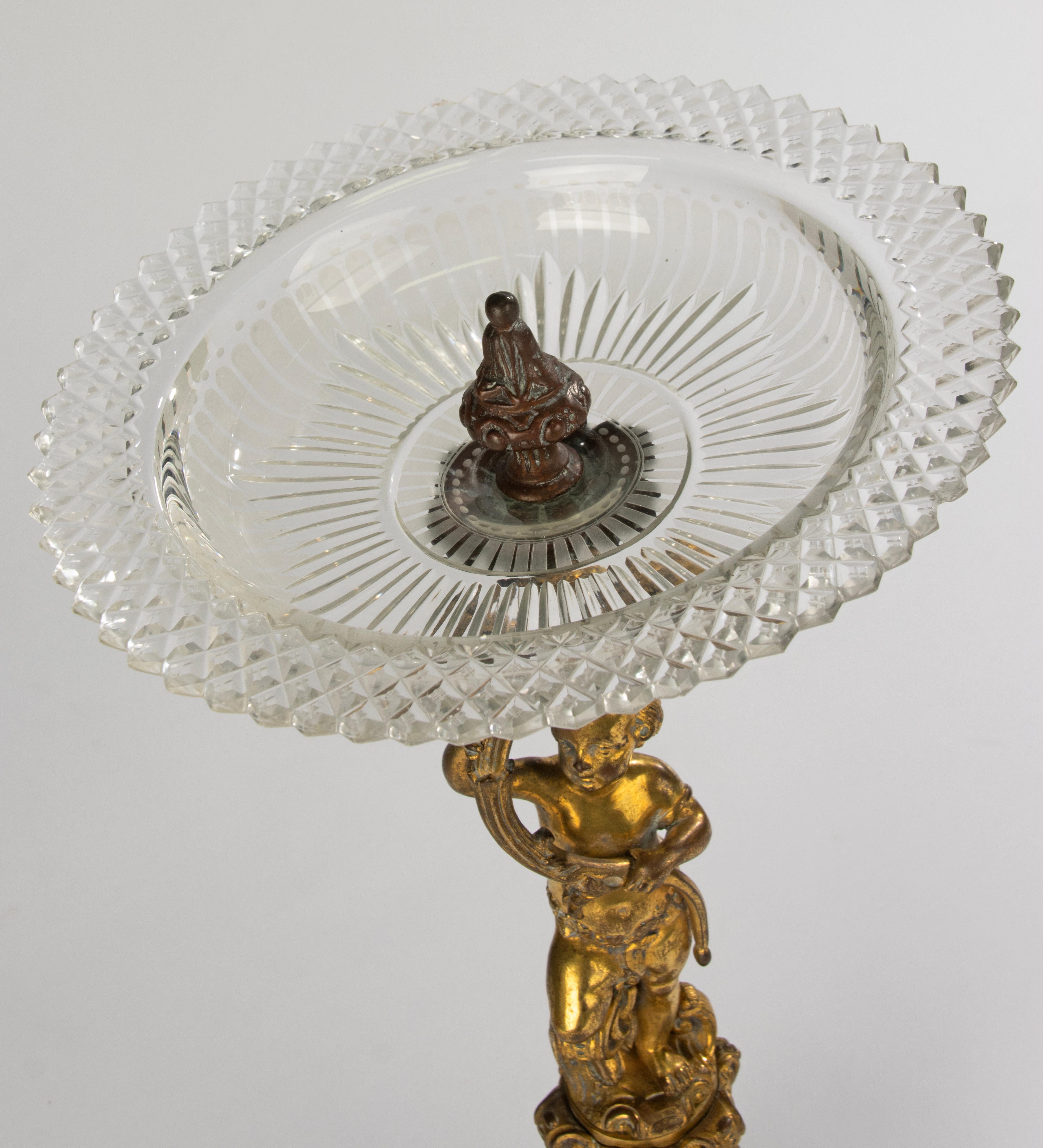 Late 19th Century French Centerpiece - Bronze - Putto with Crystal Dish For Sale 3
