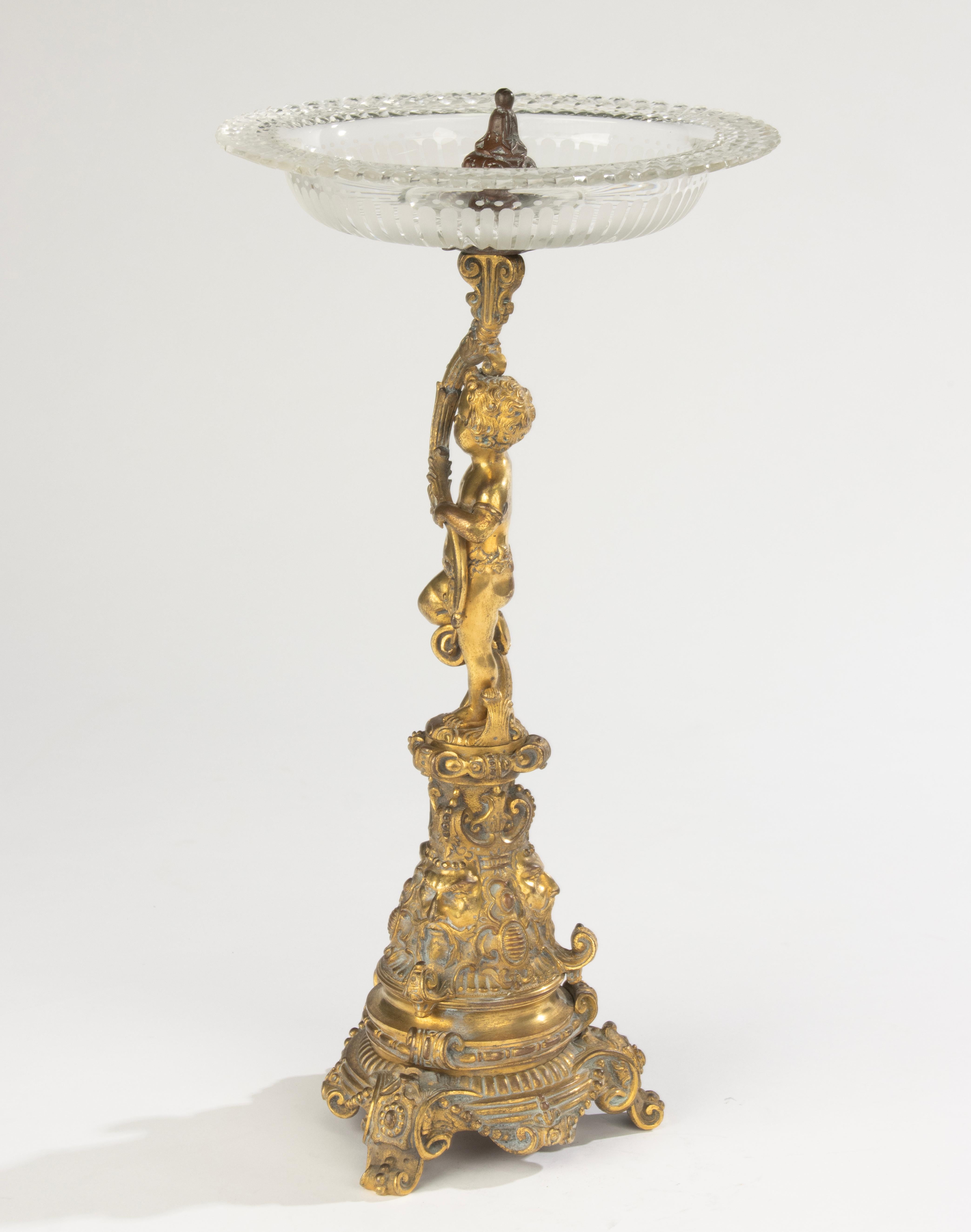 Late 19th Century French Centerpiece - Bronze - Putto with Crystal Dish For Sale 4