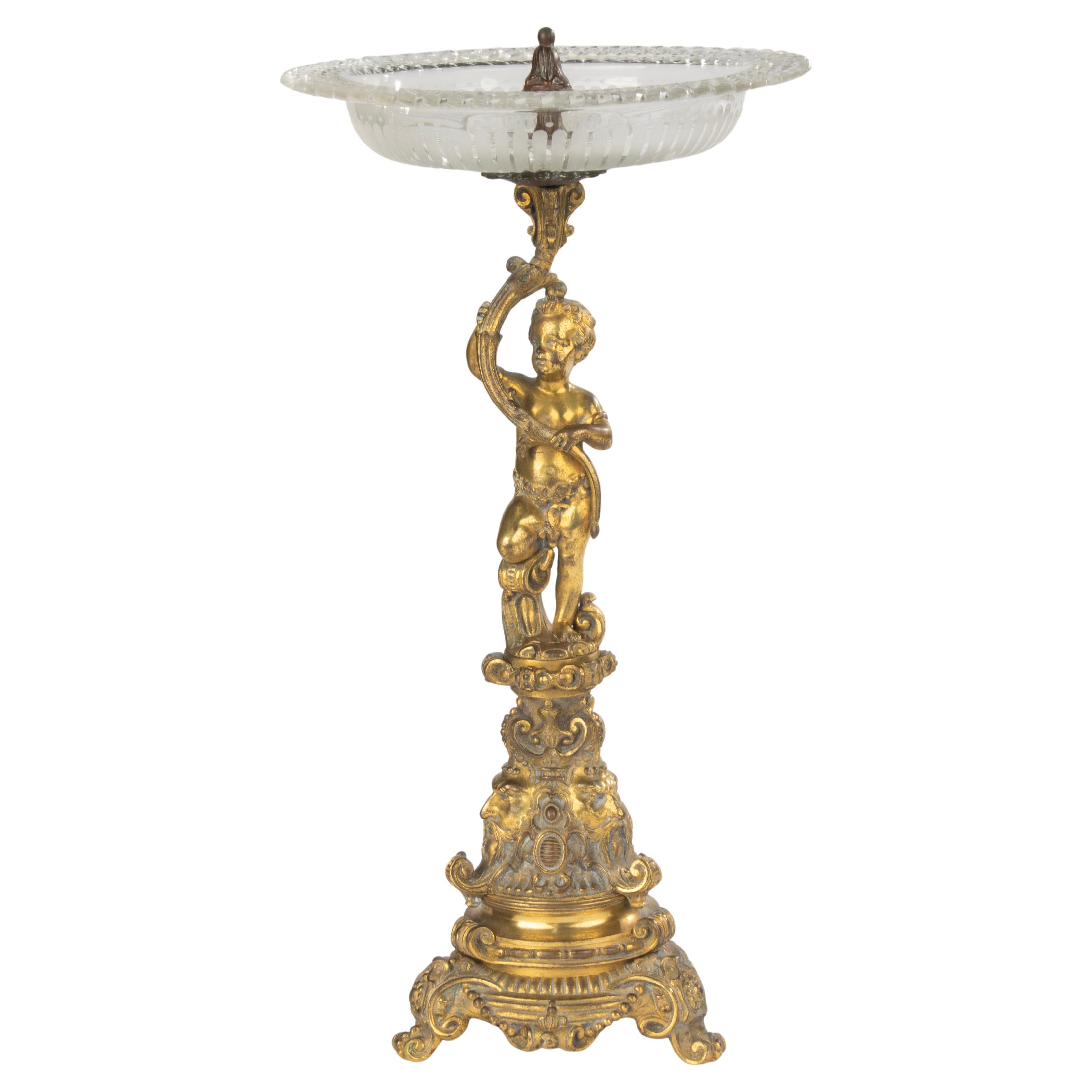 Late 19th Century French Centerpiece - Bronze - Putto with Crystal Dish For Sale