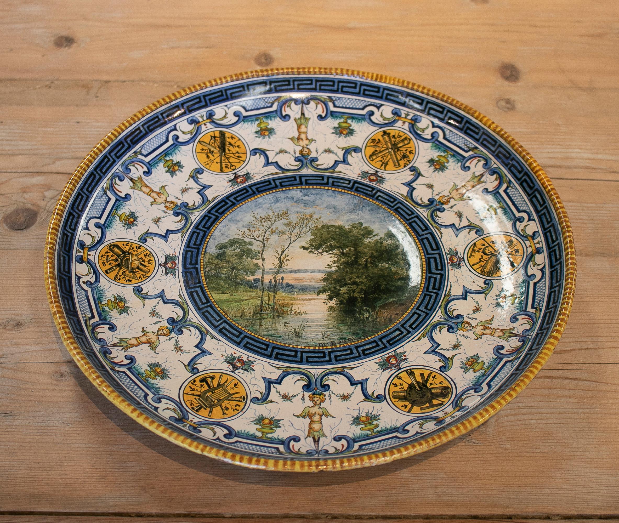 Antique late 19th century French ceramic plate with Claude Charles Rudhart landscape scene.