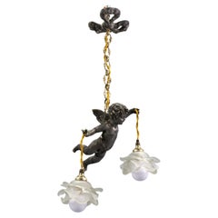 Late 19th Century French Cherub and White Frosted Glass Two-Light Pendant Light