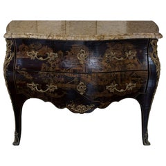 Late 19th Century French Chinoiserie Chest of Drawers, Marble Top, Brass Details