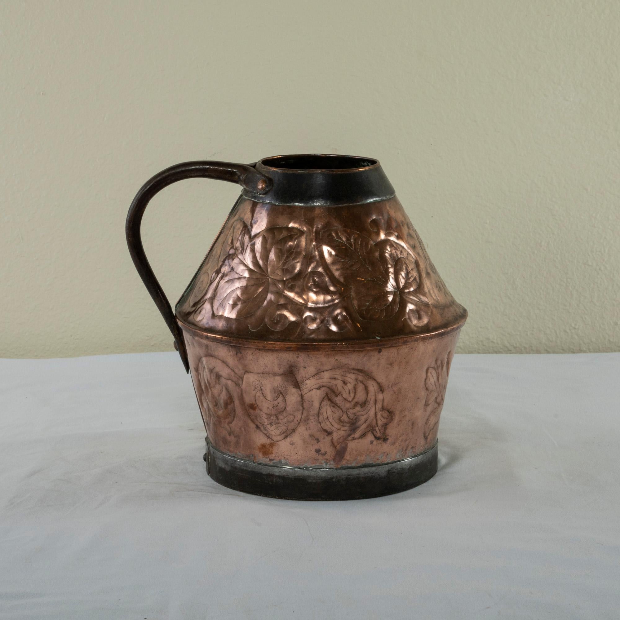 Late 19th Century French Copper Repousse Pitcher with Iron Straps and Handle For Sale 1