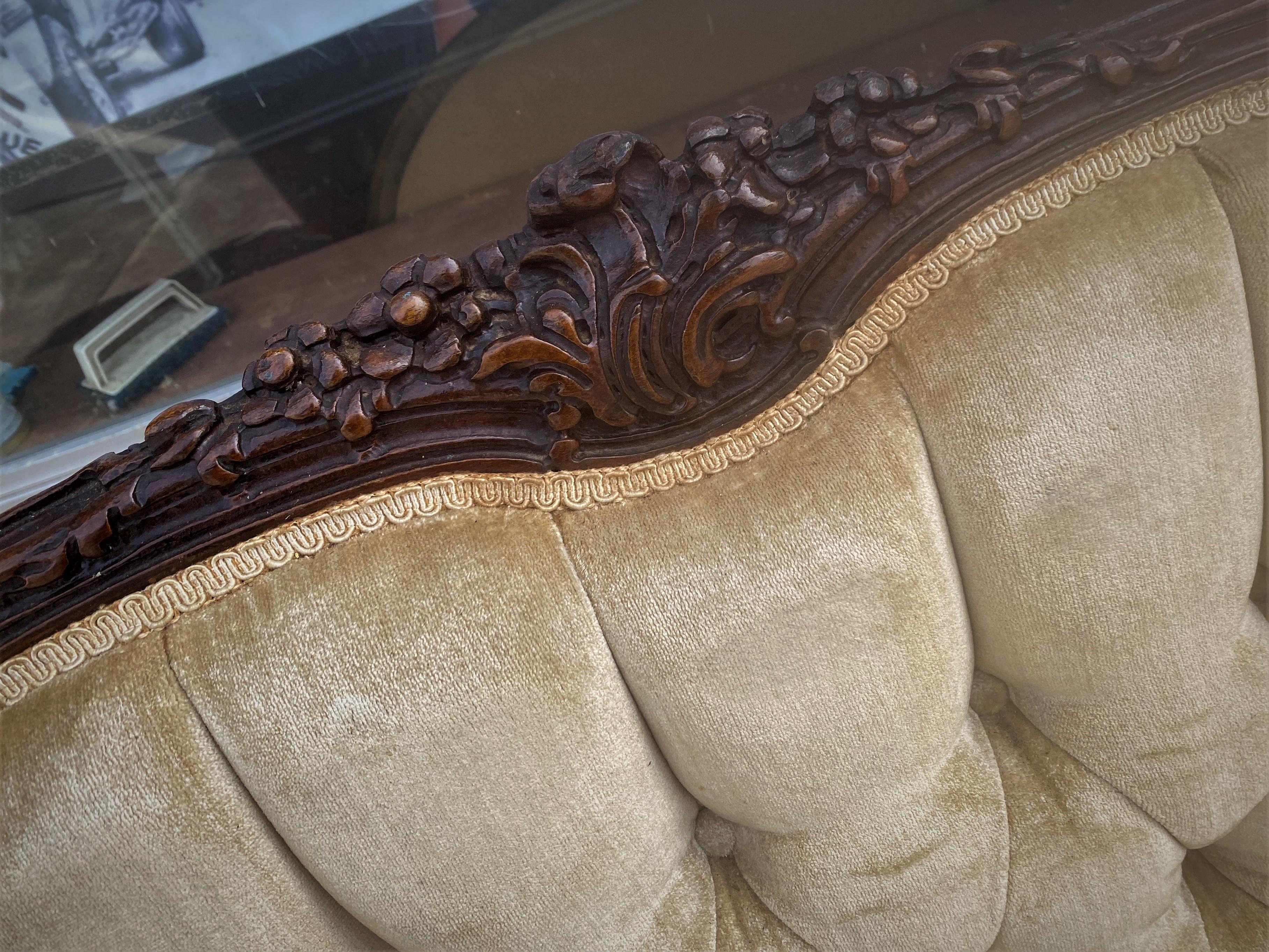 French Provincial Late 19th Century French Country Long Sofa/Settee With Carved Arms, Legs & Back  For Sale