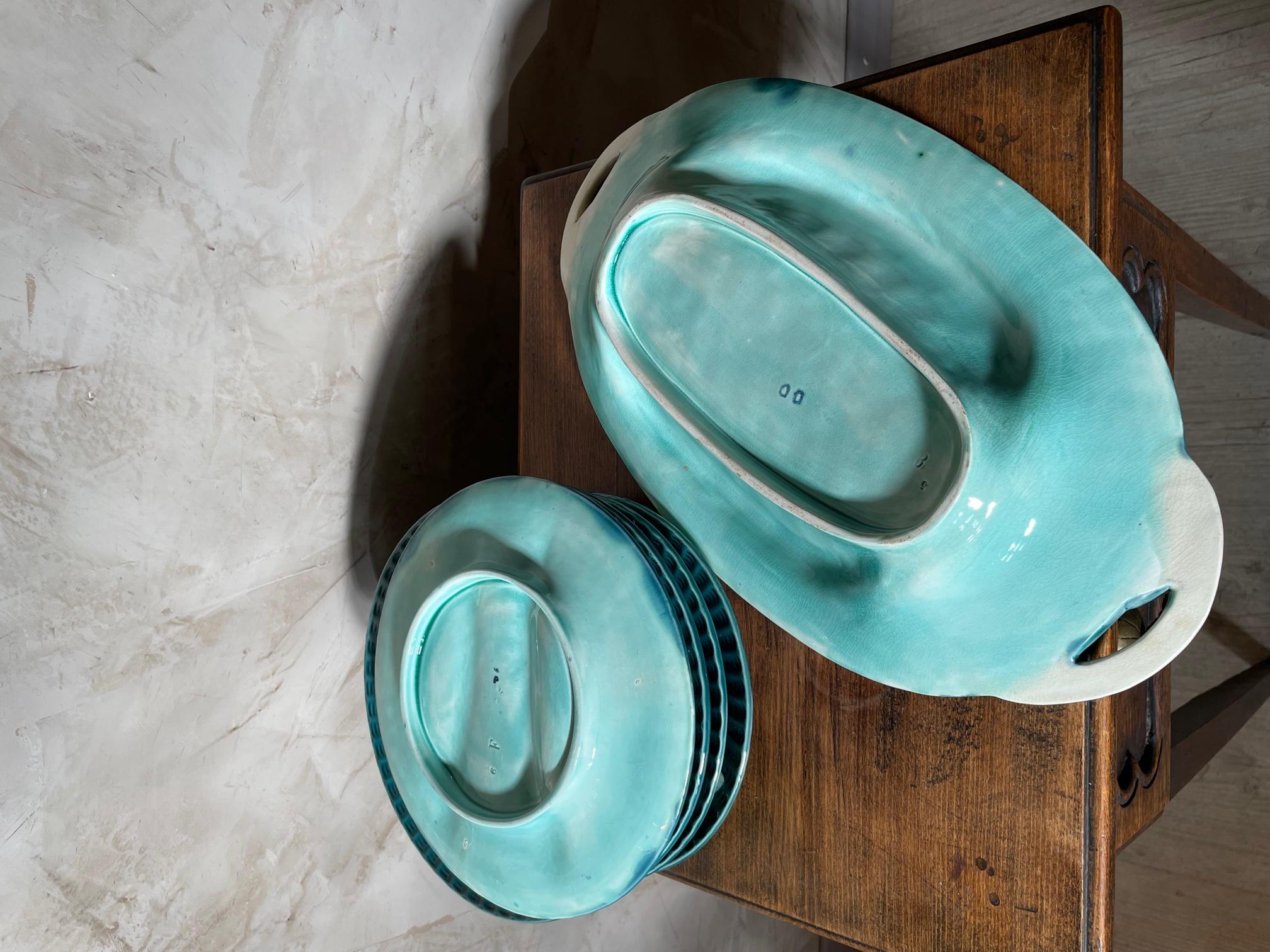 Late 19th Century French Creil et Montereau Teal Blue Fluted Asparagus Set 3