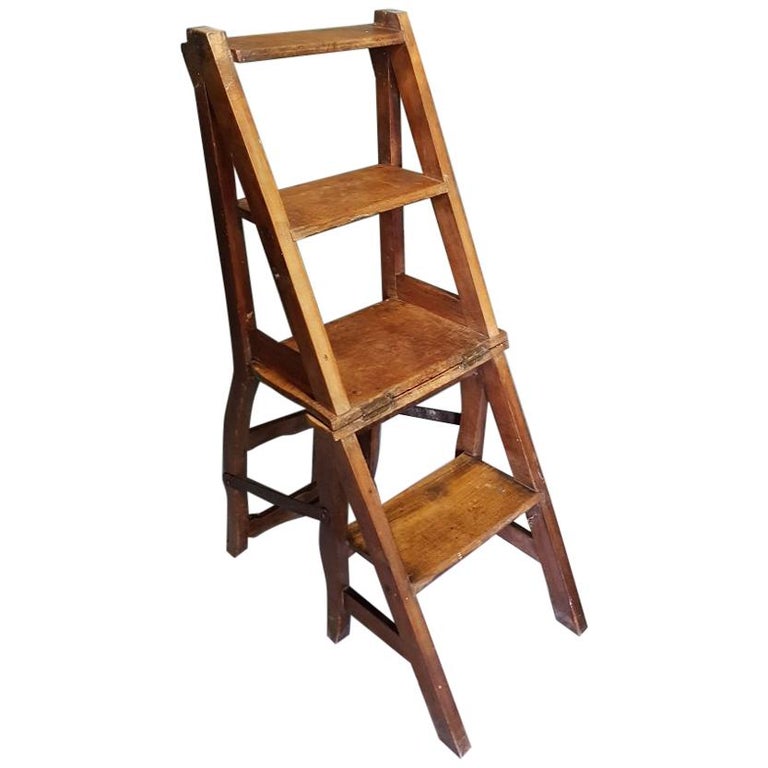 Late 19th Century French Elm Wooden, Wooden Library Ladder Australia