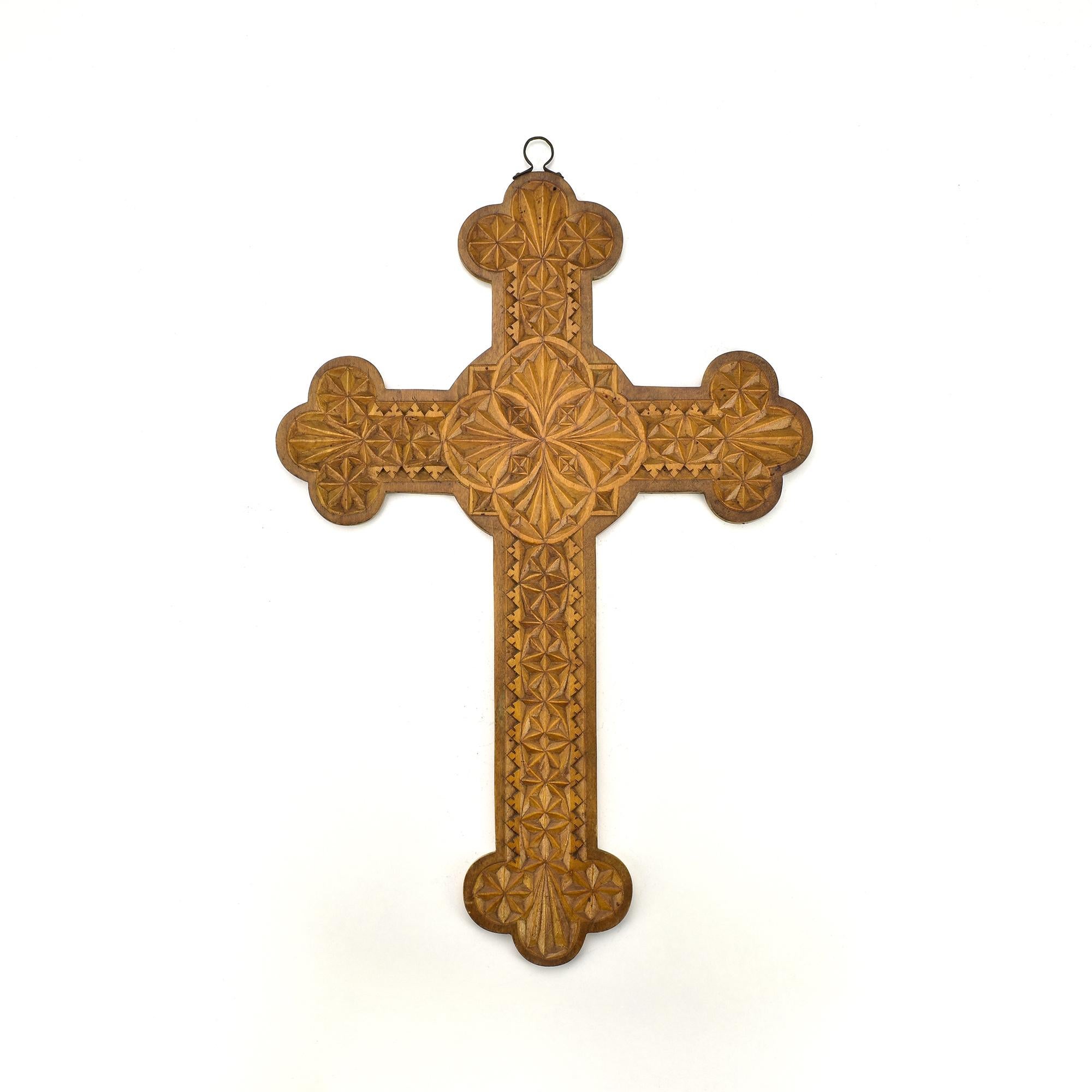 Hand-Crafted Late 19th Century French Folk Art Chip-Carved Wall Crucifix