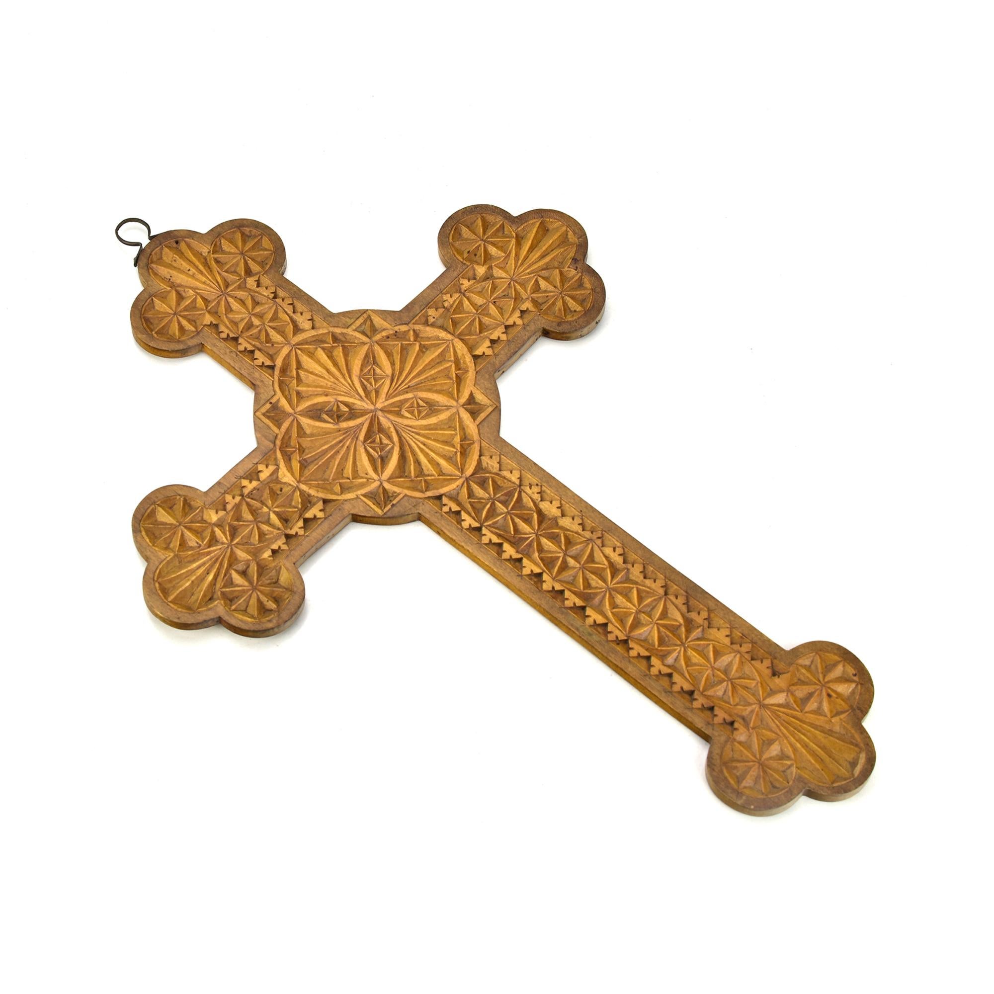 Wood Late 19th Century French Folk Art Chip-Carved Wall Crucifix