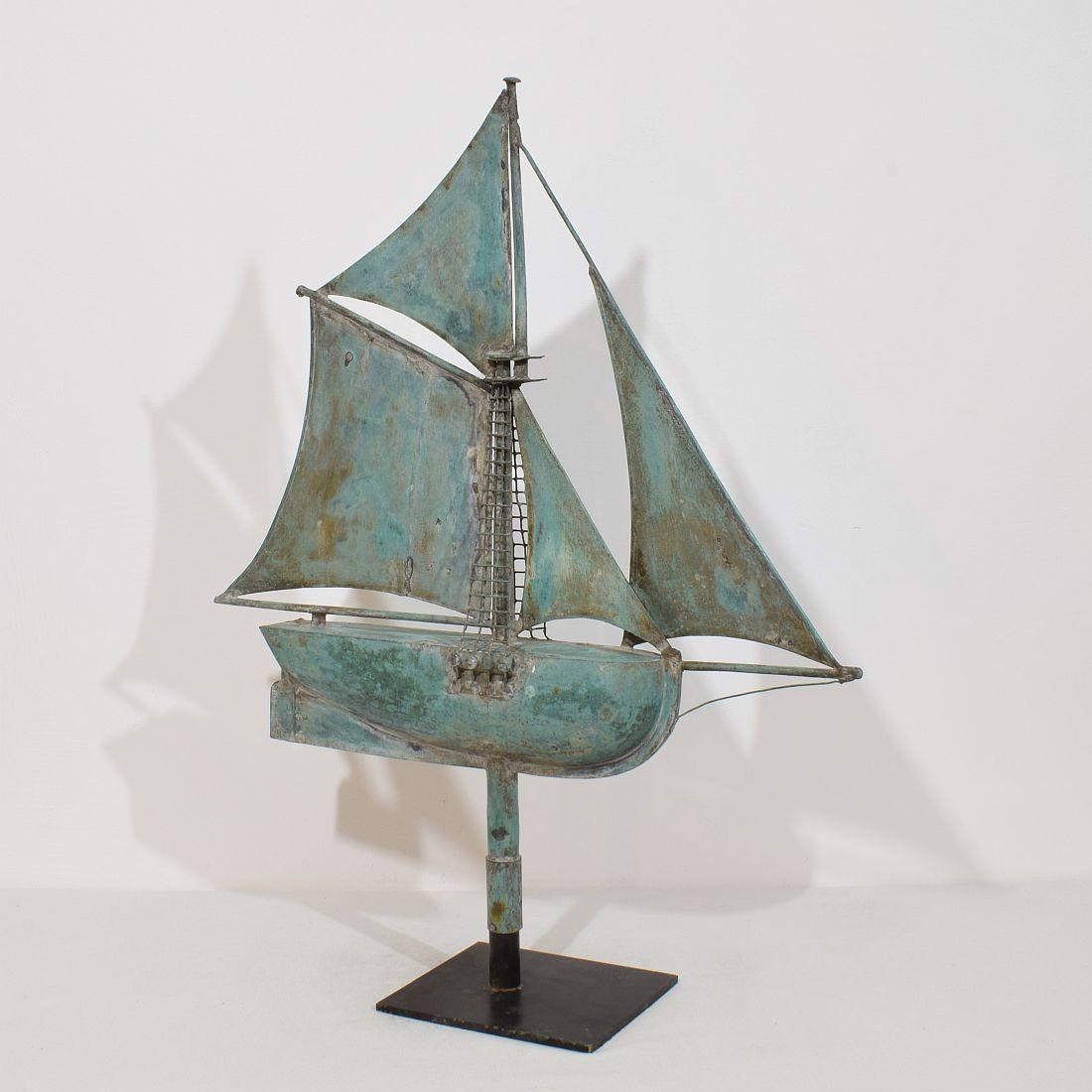 Wonderful and rare folk art copper sailboat weather-vane . A real unique find with gorgeous vert de gris patine.
France, circa 1880-1900. 
Weathered , small losses and old repairs.
Placed on metal stand . measurements include the stand.
More photo's