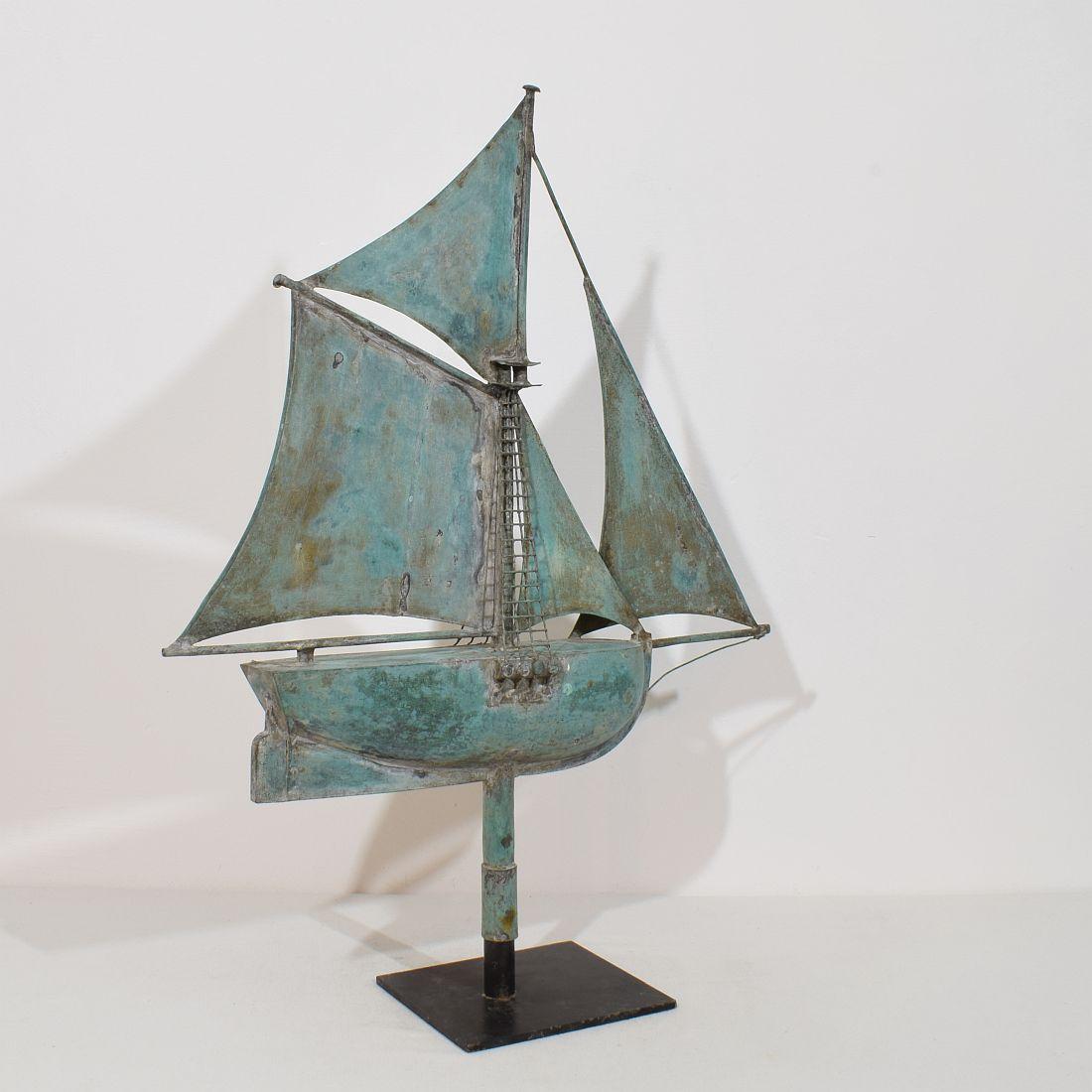 French Provincial Late 19th century, French Folk Art Copper Sailboat Weathervane  For Sale