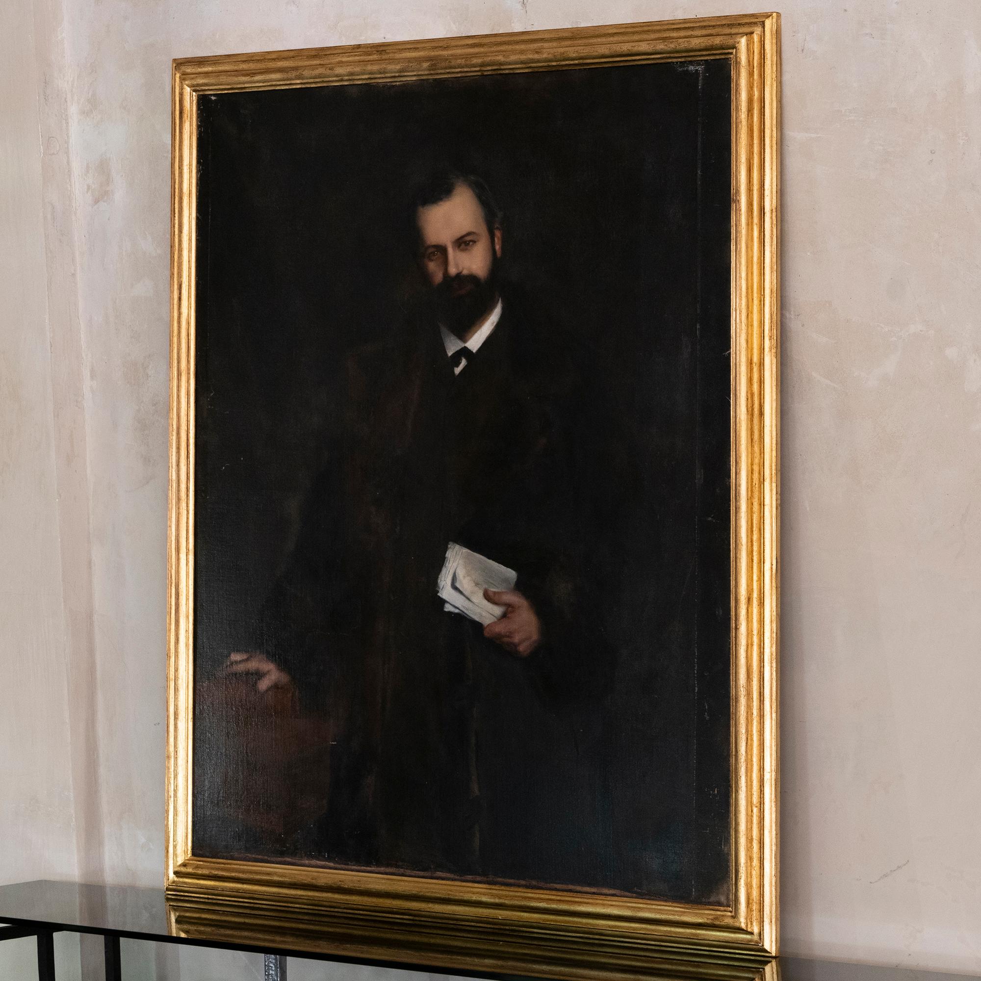 Gilt Late 19th Century French Gentleman Portrait, Oil on Canvas, Gilded Frame, France