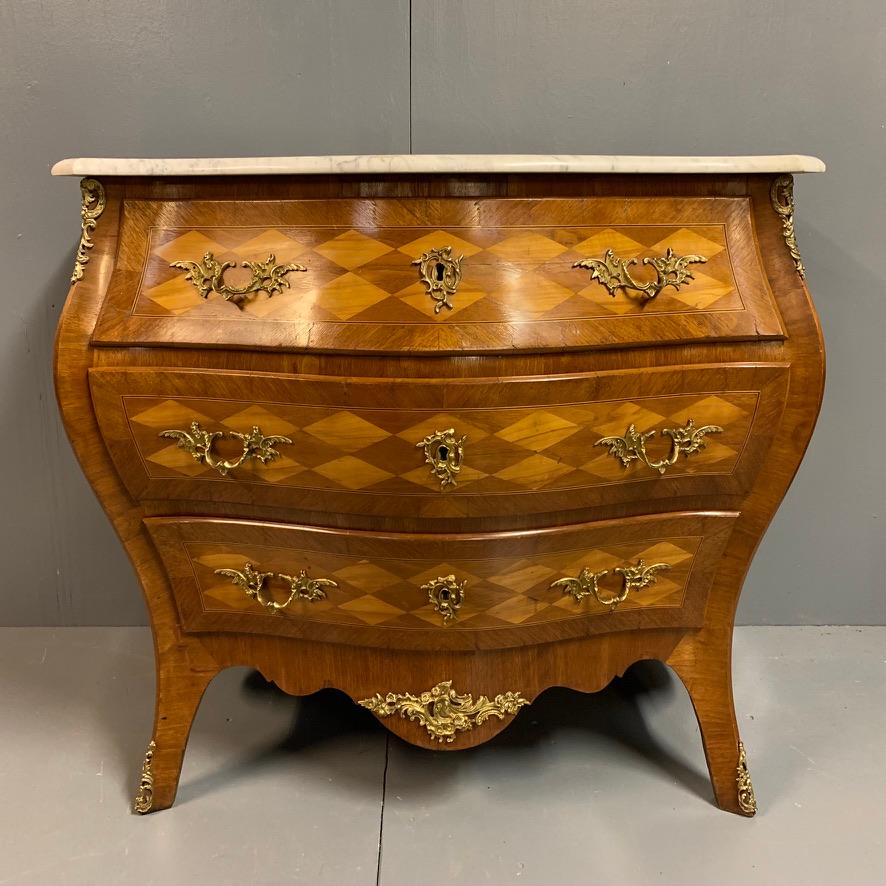 Walnut Late 19th Century French Geometric Marquetry Bombe Commode Chest of Drawers