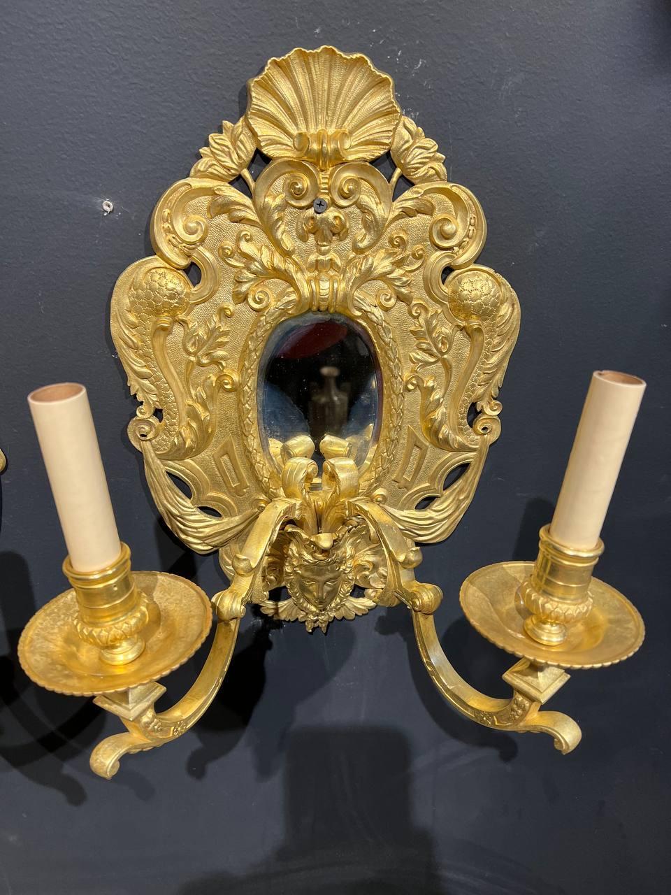 Engraved Late 19th Century French Gilt Bronze and Mirrors Sconces For Sale
