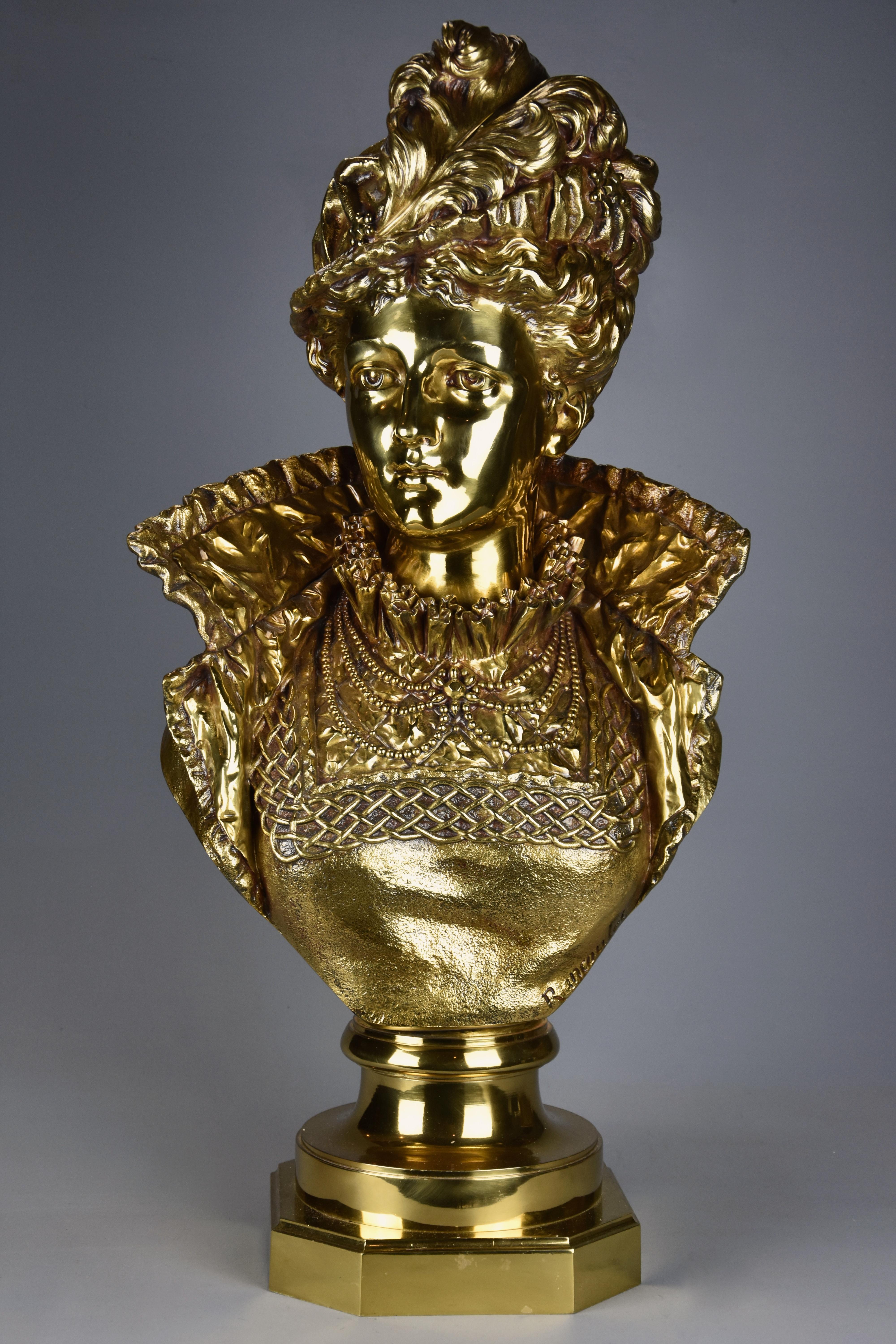 A late 19th century French gilt bronze bust figure of a Renaissance lady by Ernest Rancoulet (1870-1915).

This highly decorative bust depicts a finely dressed Renaissance lady with a plumed hat, high collar with bead and lace work supported on a