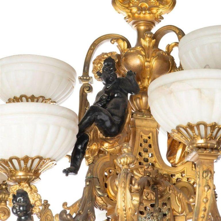 Late 19th Century French gilt bronze chandelier with black cherubs

Twelve-light gilt-bronze frame with seated winged putti mask arms, electrified

Dimensions

60