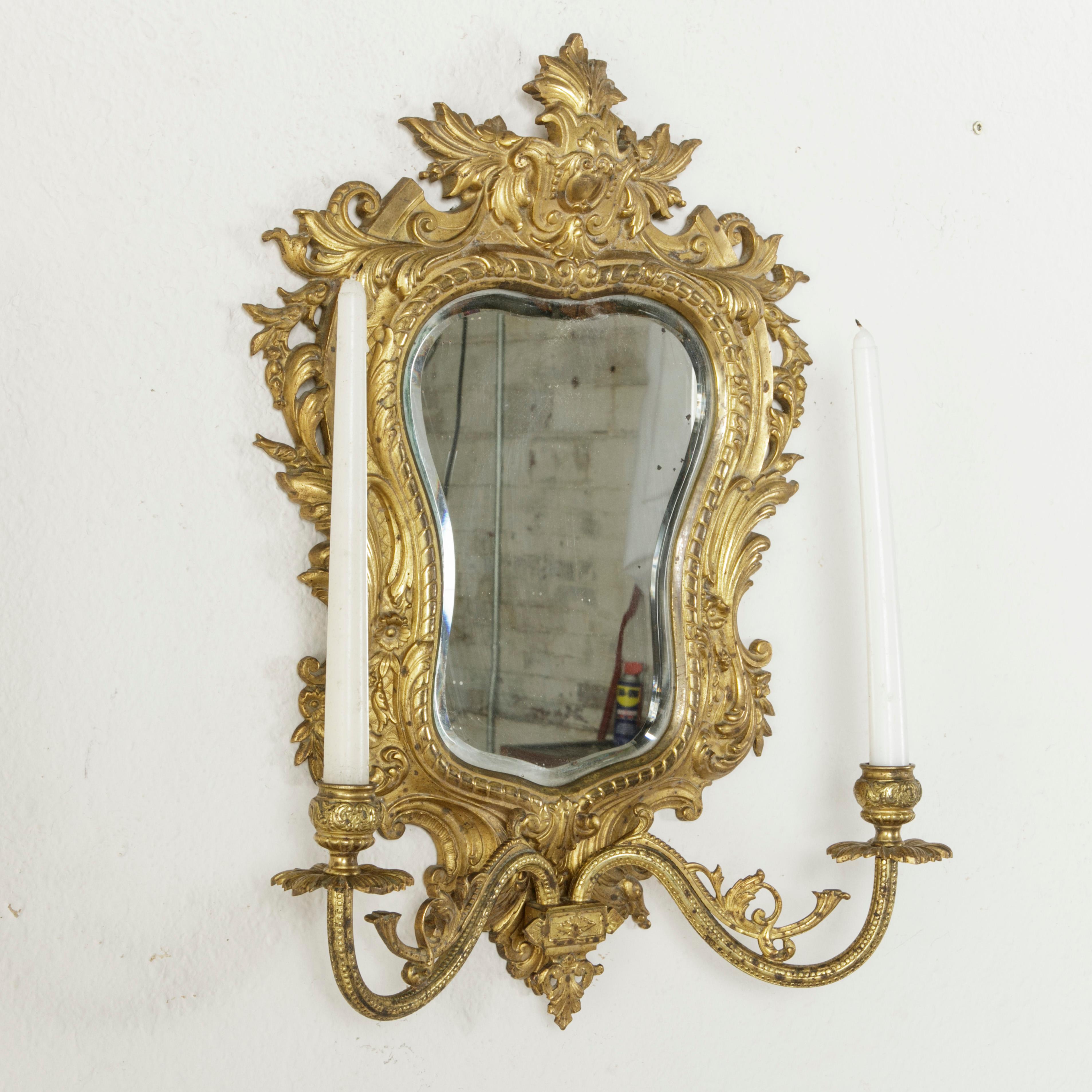 Late 19th Century French Gilt Bronze Girondole Wall Mirror Sconce, Beveled Glass In Good Condition In Fayetteville, AR