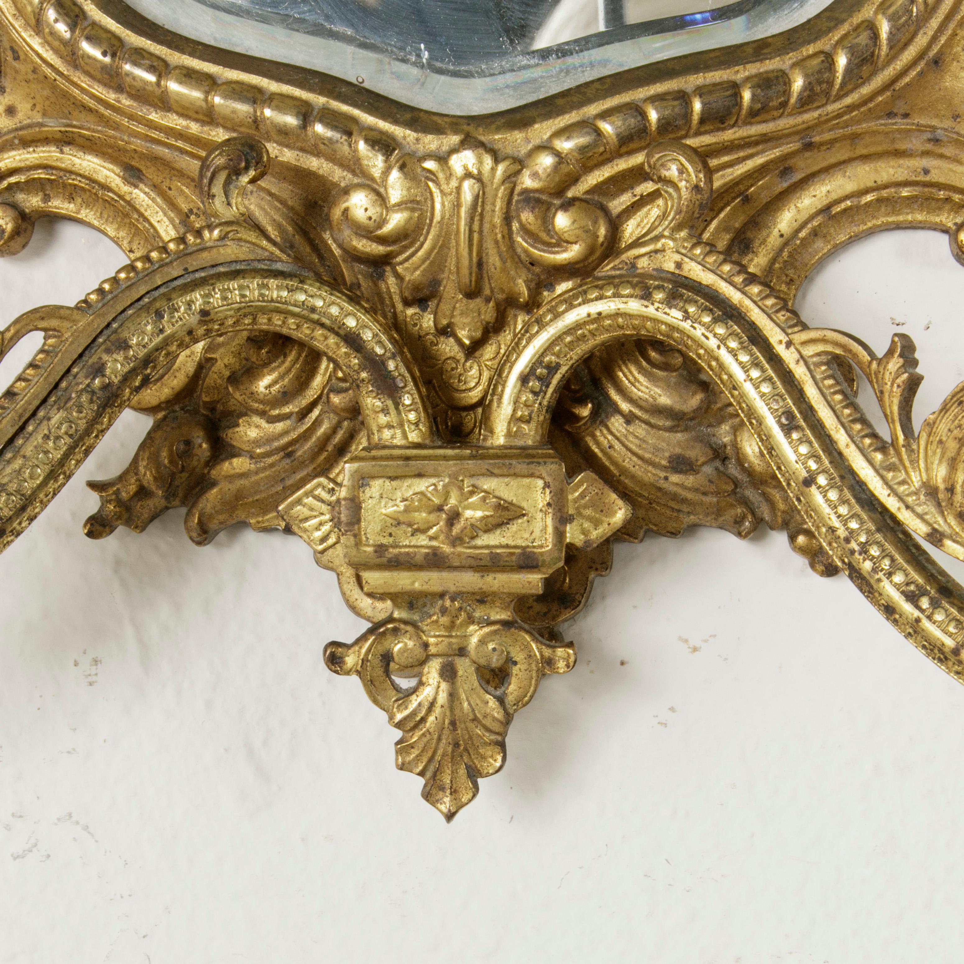 Late 19th Century French Gilt Bronze Girondole Wall Mirror Sconce, Beveled Glass 5