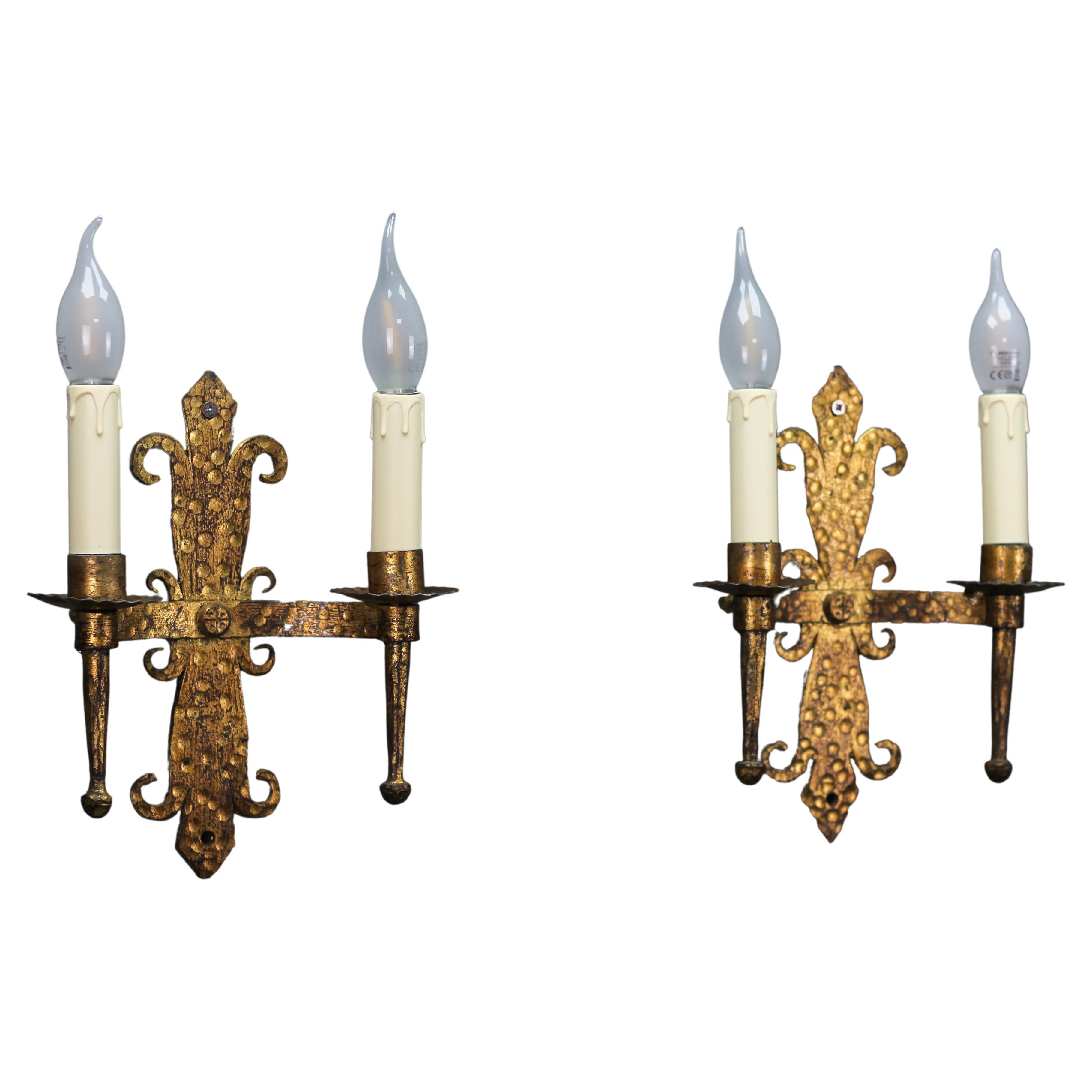 Late 19th Century French Gilt Wrought Iron Sconces, Set of 2 For Sale
