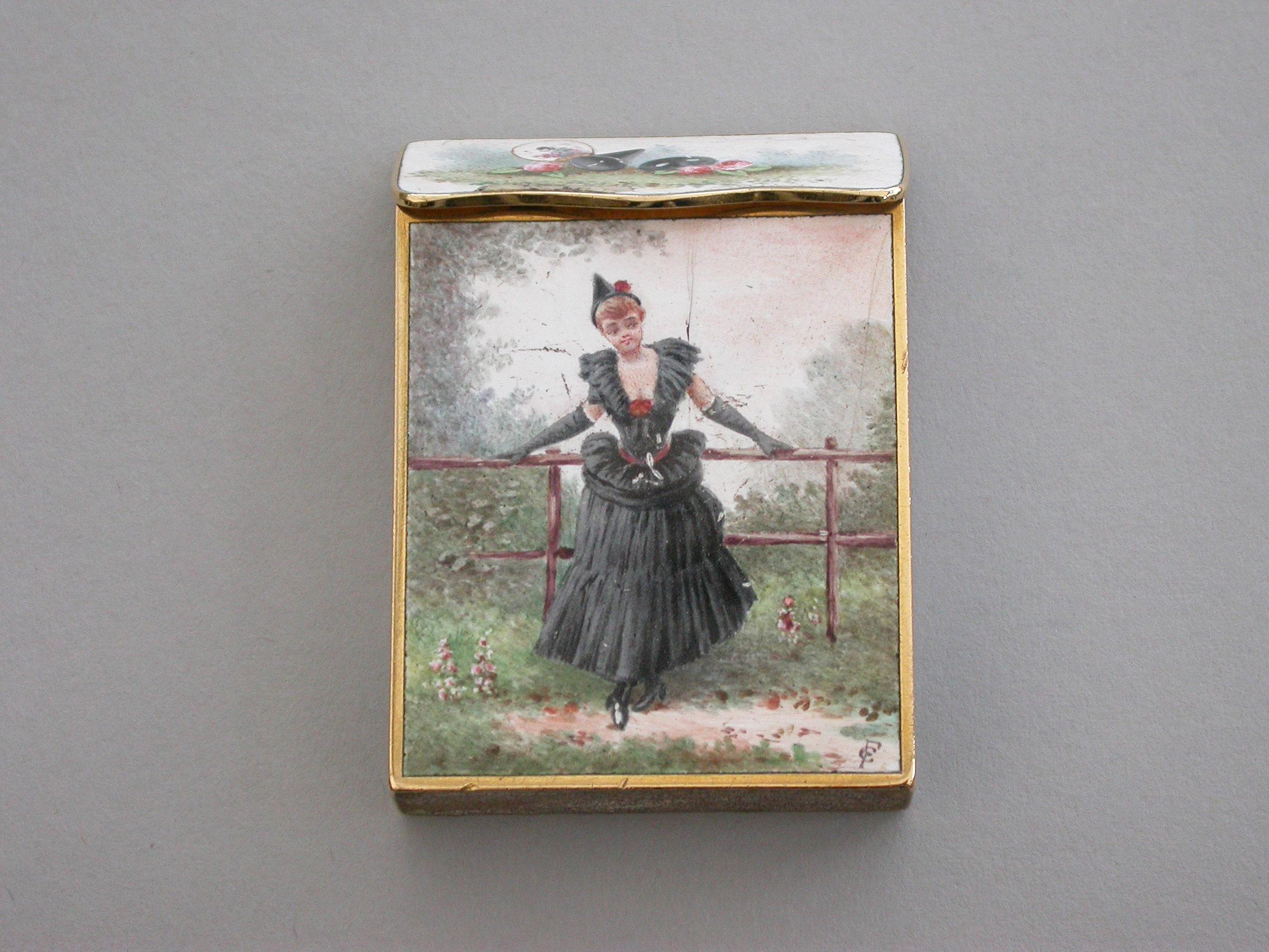 A late 19th century French gold and enamel Vesta case of rectangular form with sloping sprung hinged lid, enameled on all surfaces apart from the base with images of glamorous ladies.

Unmarked circa 1900.

The image on the reverse is taken from