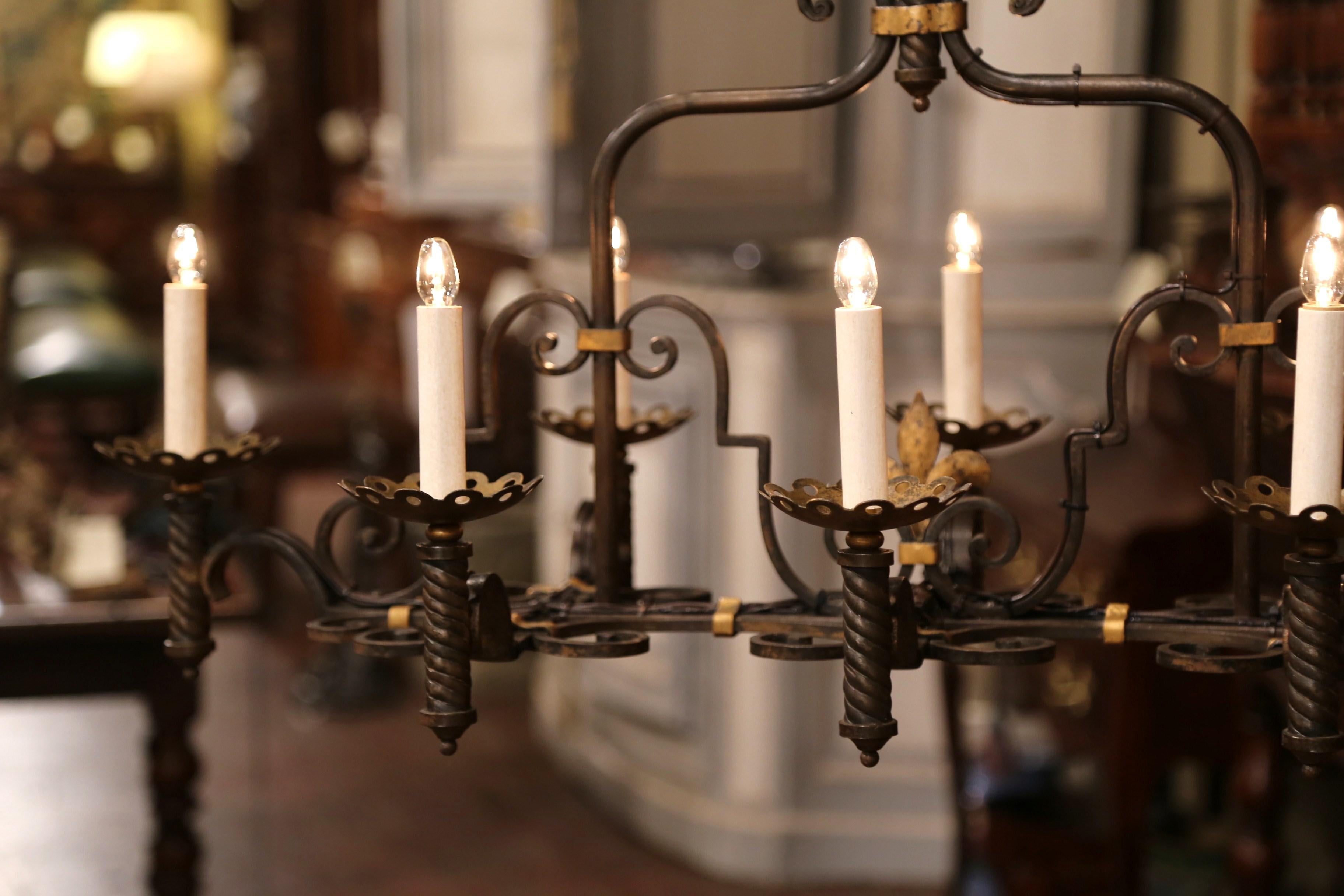 Late 19th Century French Gothic Eight-Light Iron Chandelier with Fleur de Lys In Excellent Condition In Dallas, TX