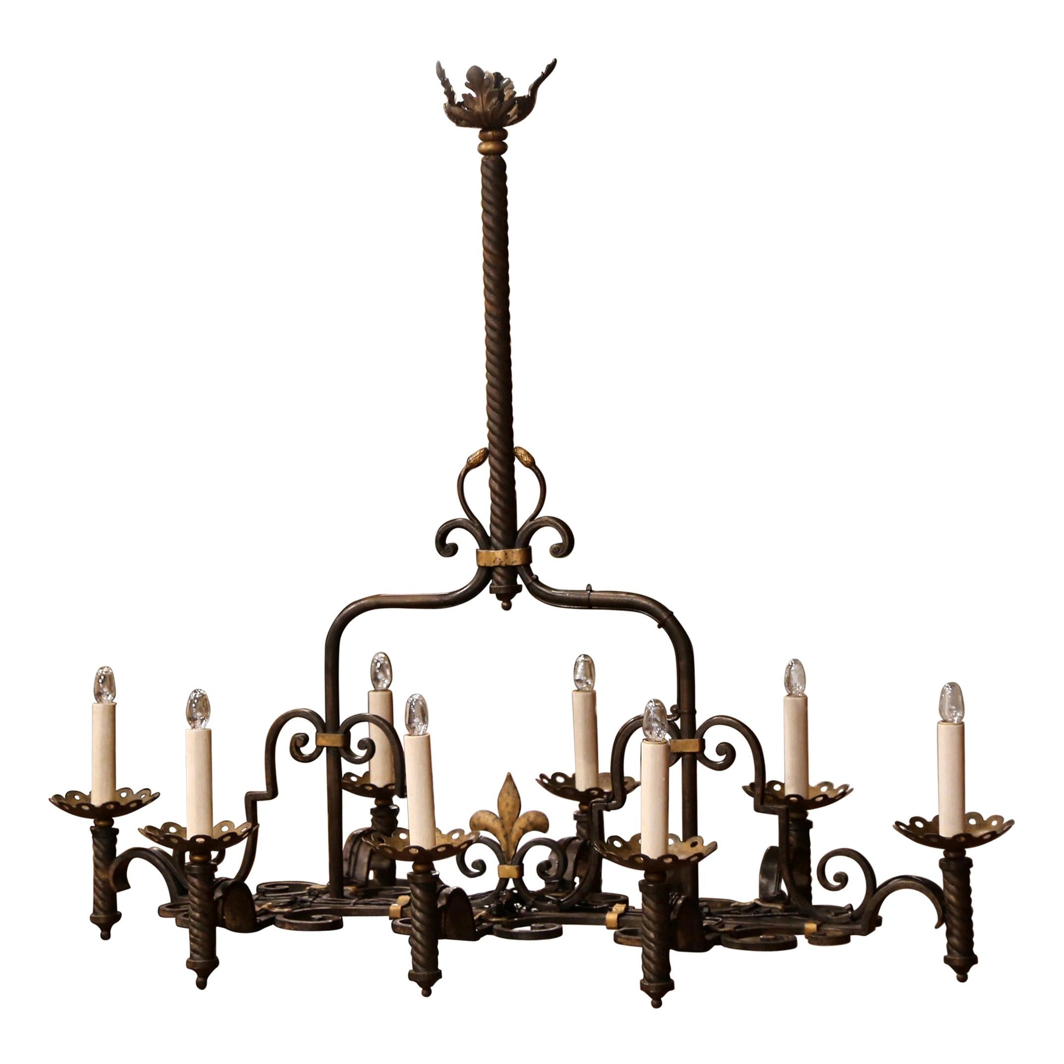 Late 19th Century French Gothic Eight-Light Iron Chandelier with Fleur de Lys