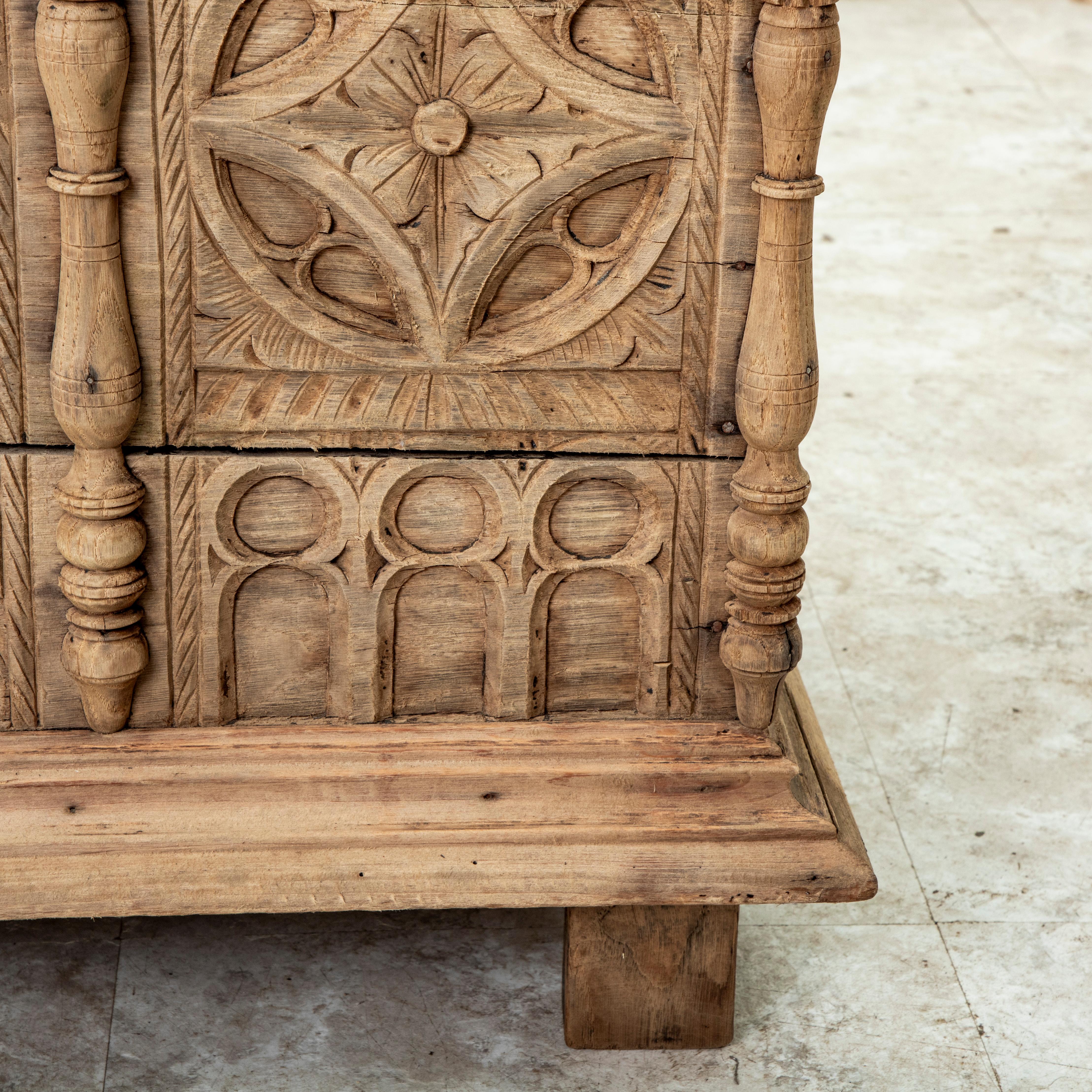 Late 19th Century French Gothic Style Hand Carved Bleached Oak Coffer Bench 10