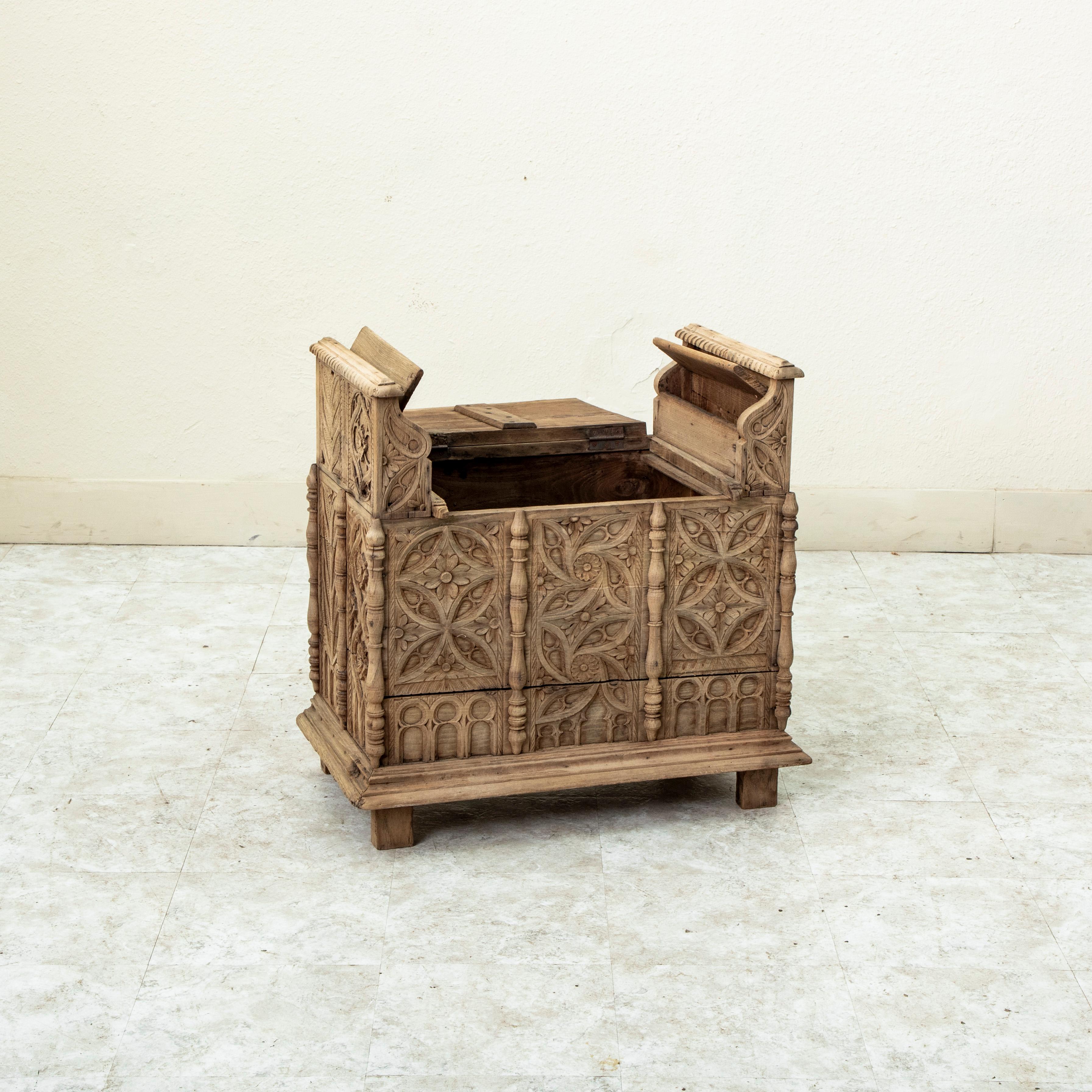 Late 19th Century French Gothic Style Hand Carved Bleached Oak Coffer Bench 4