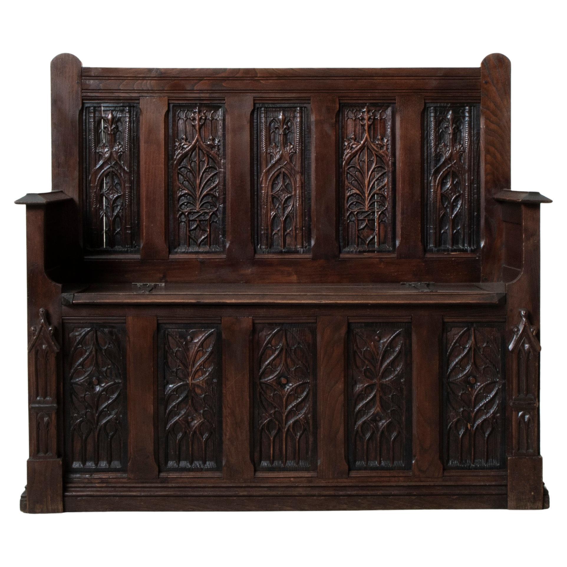 Late 19th Century French Gothic Style Hand Carved Oak Coffer Bench