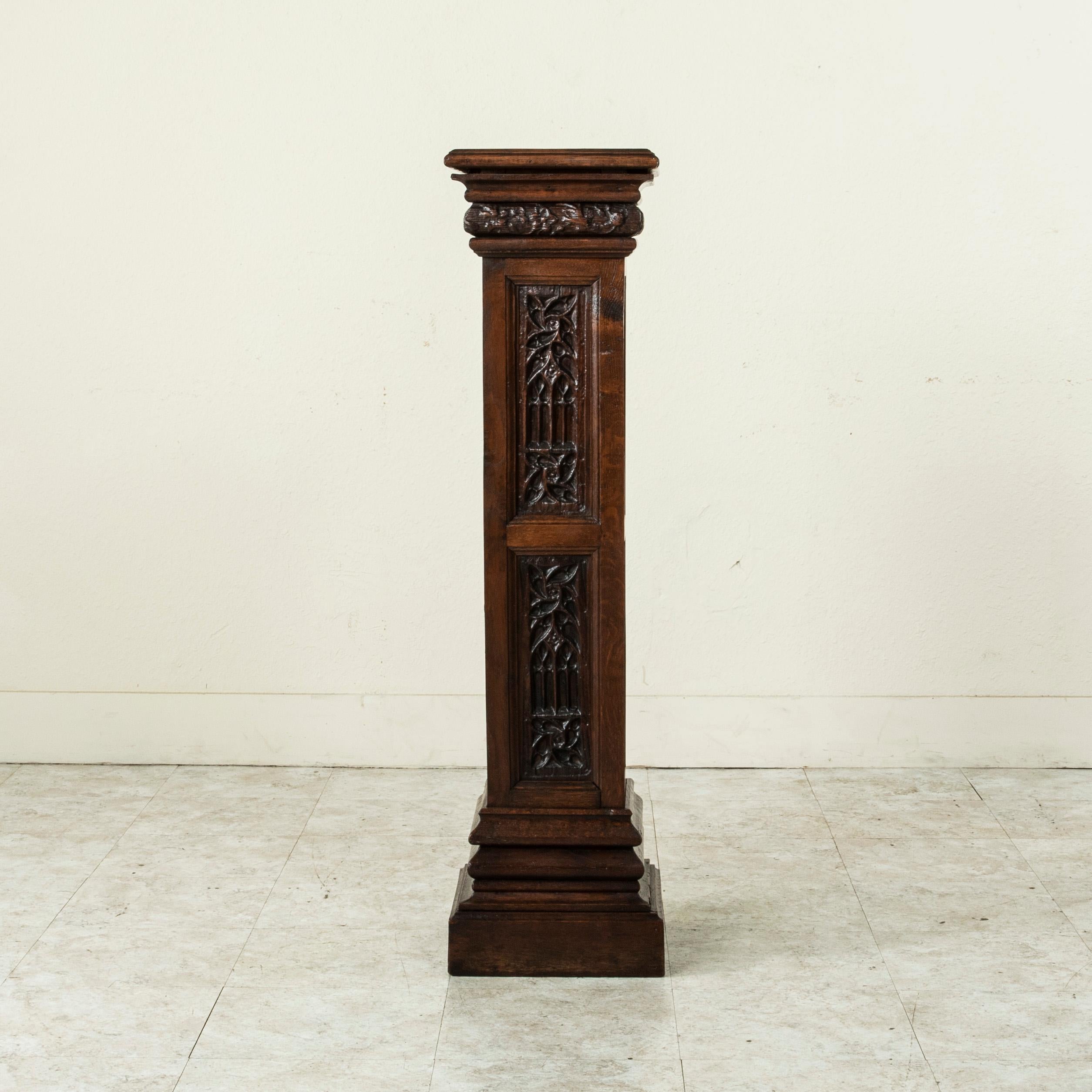 Late 19th Century French Gothic Style Hand Carved Oak Pedestal, Sculpture Stand 1