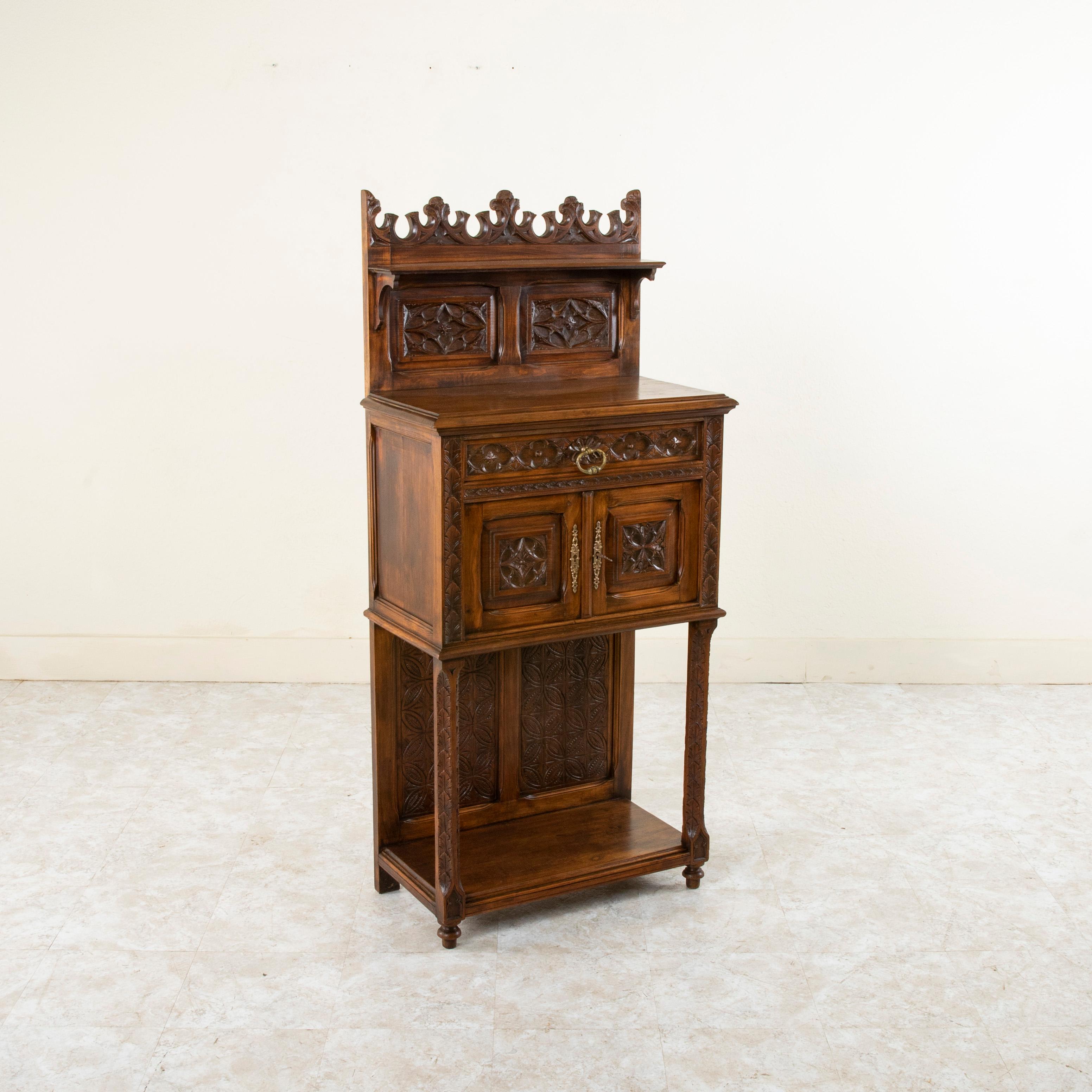 Hand-Carved Late 19th Century French Gothic Style Hand Carved Walnut Cabinet or Credenza For Sale