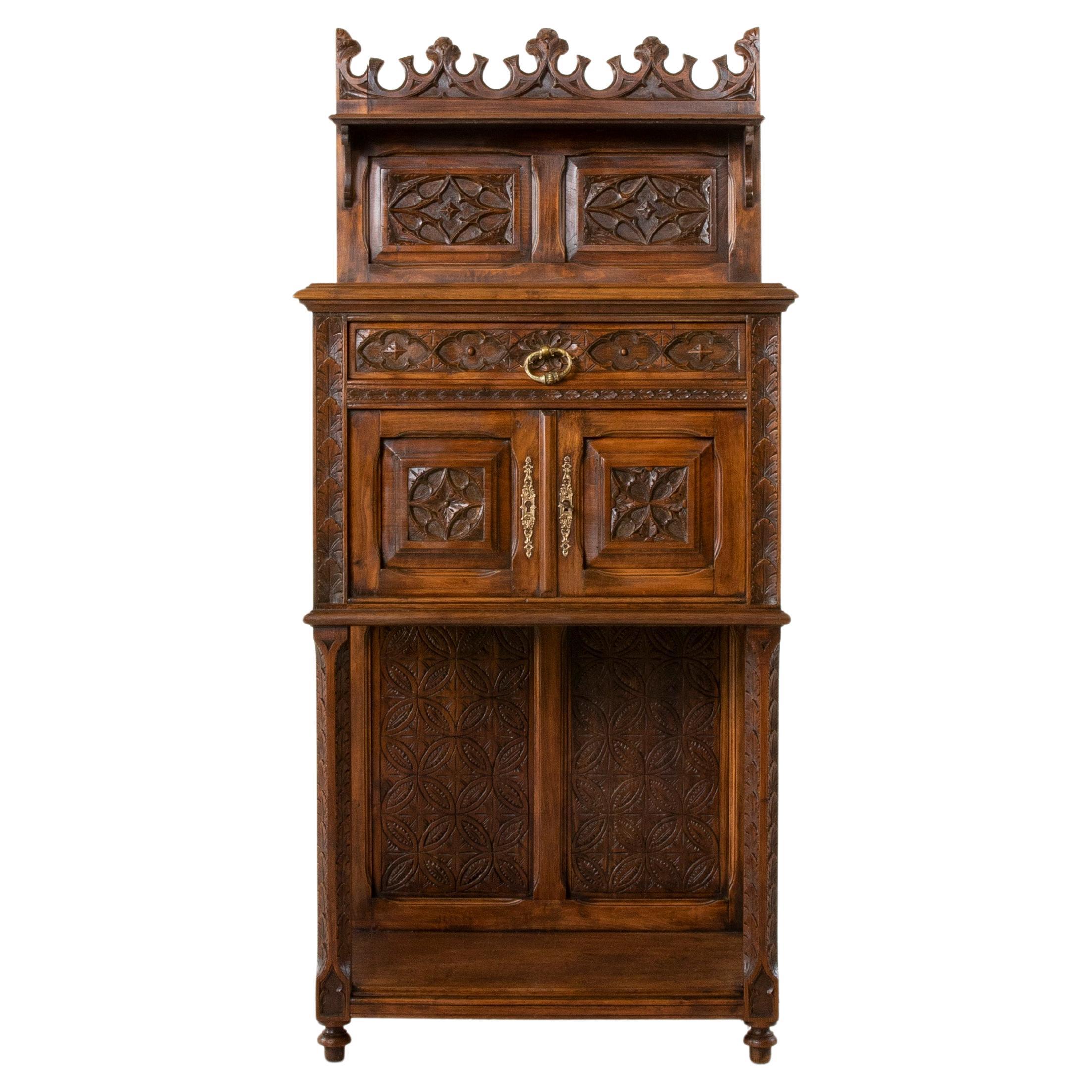 Late 19th Century French Gothic Style Hand Carved Walnut Cabinet or Credenza For Sale