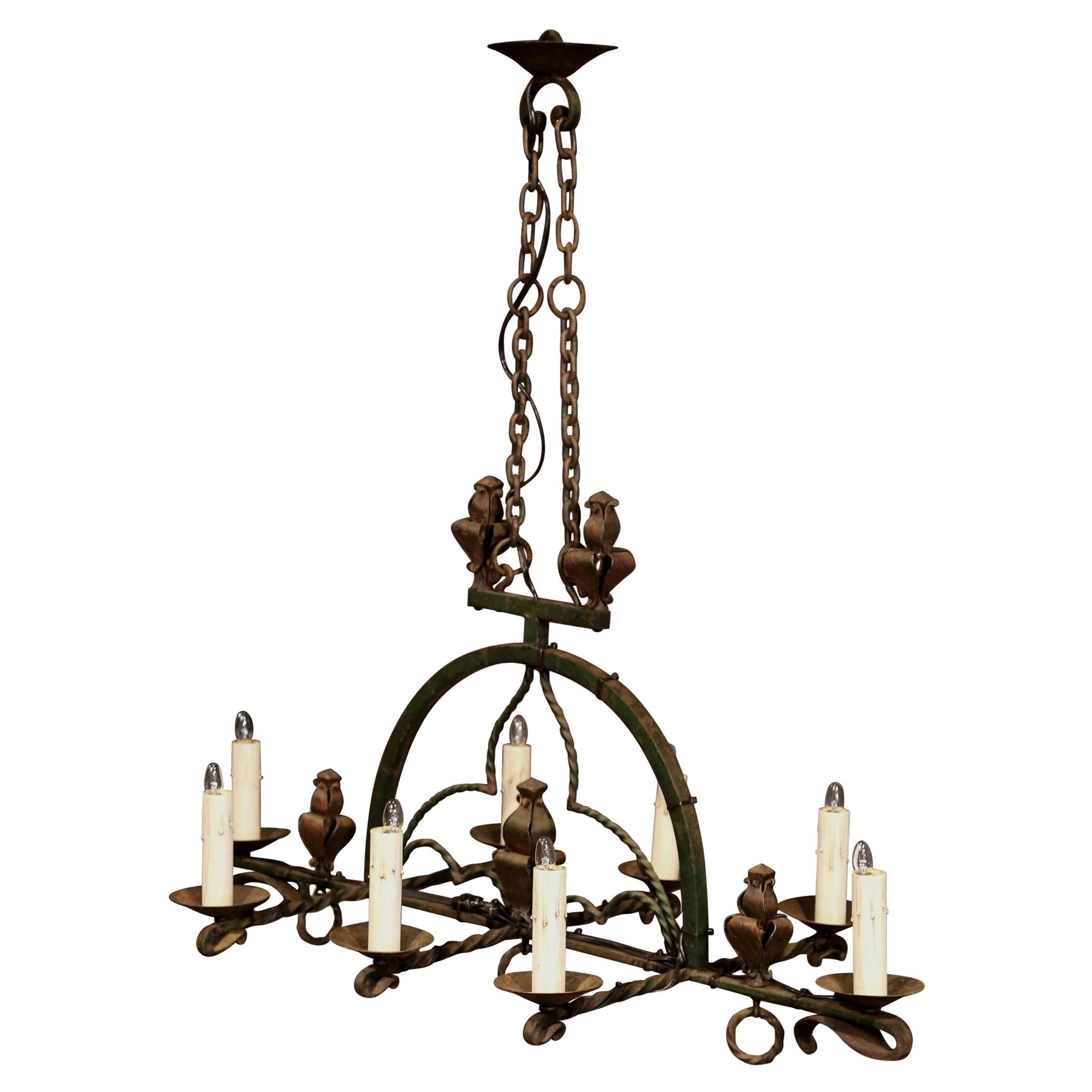 Late 19th Century French Gothic Wrought Black Iron Eight-Light Chandelier