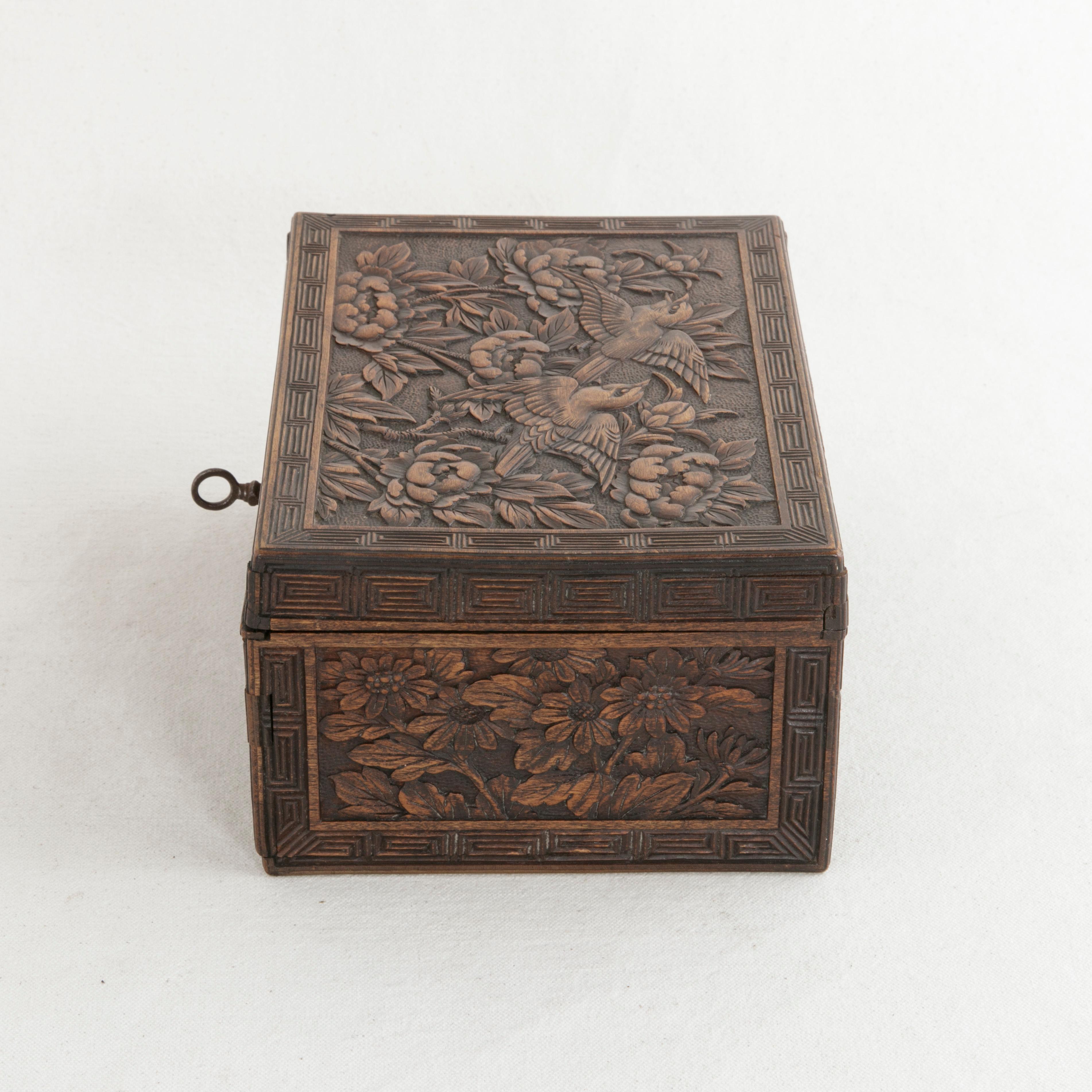 Walnut Late 19th Century French Hand Carved Black Forest Box with Birds