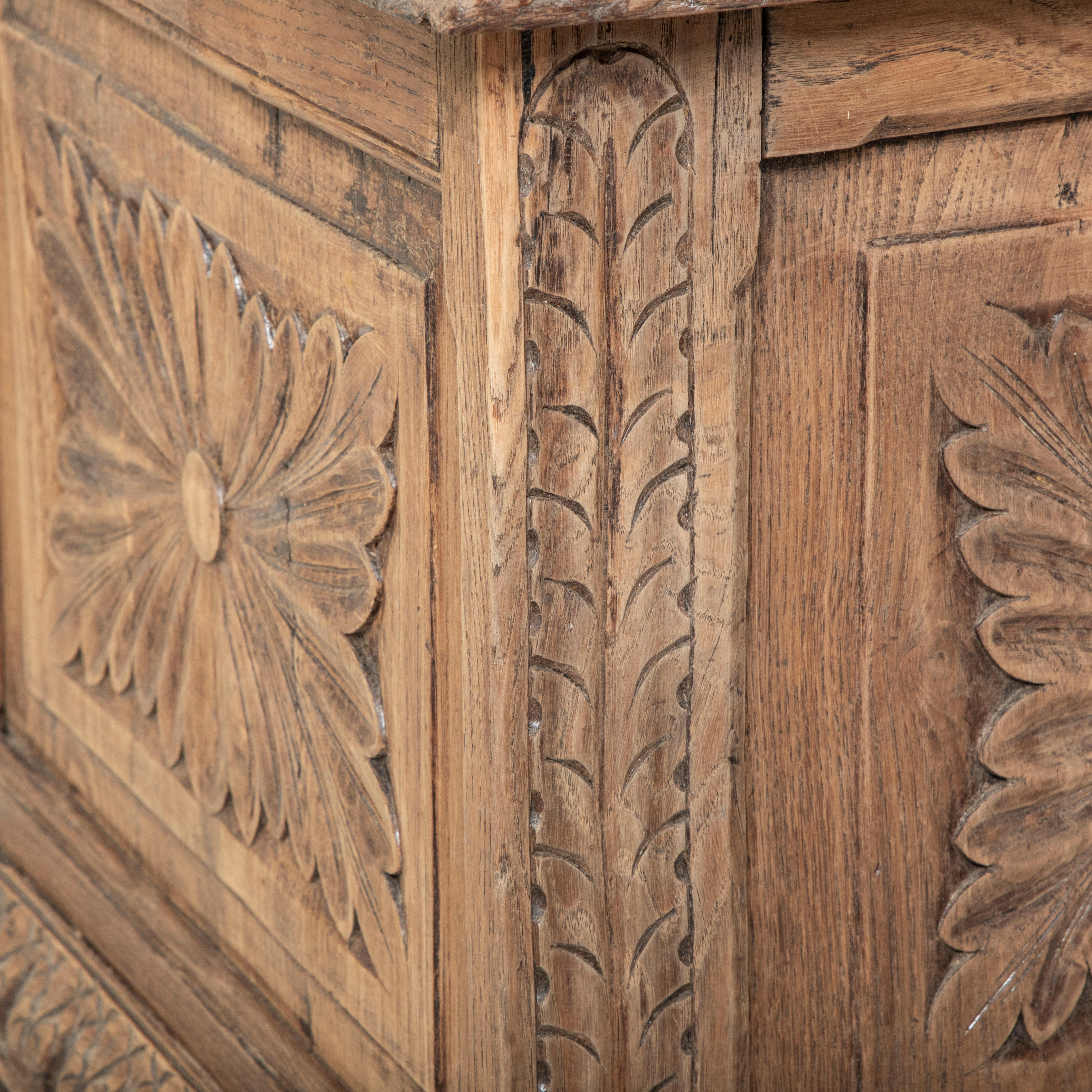 Late 19th Century French Hand Carved Bleached Oak Coffer Bench 11