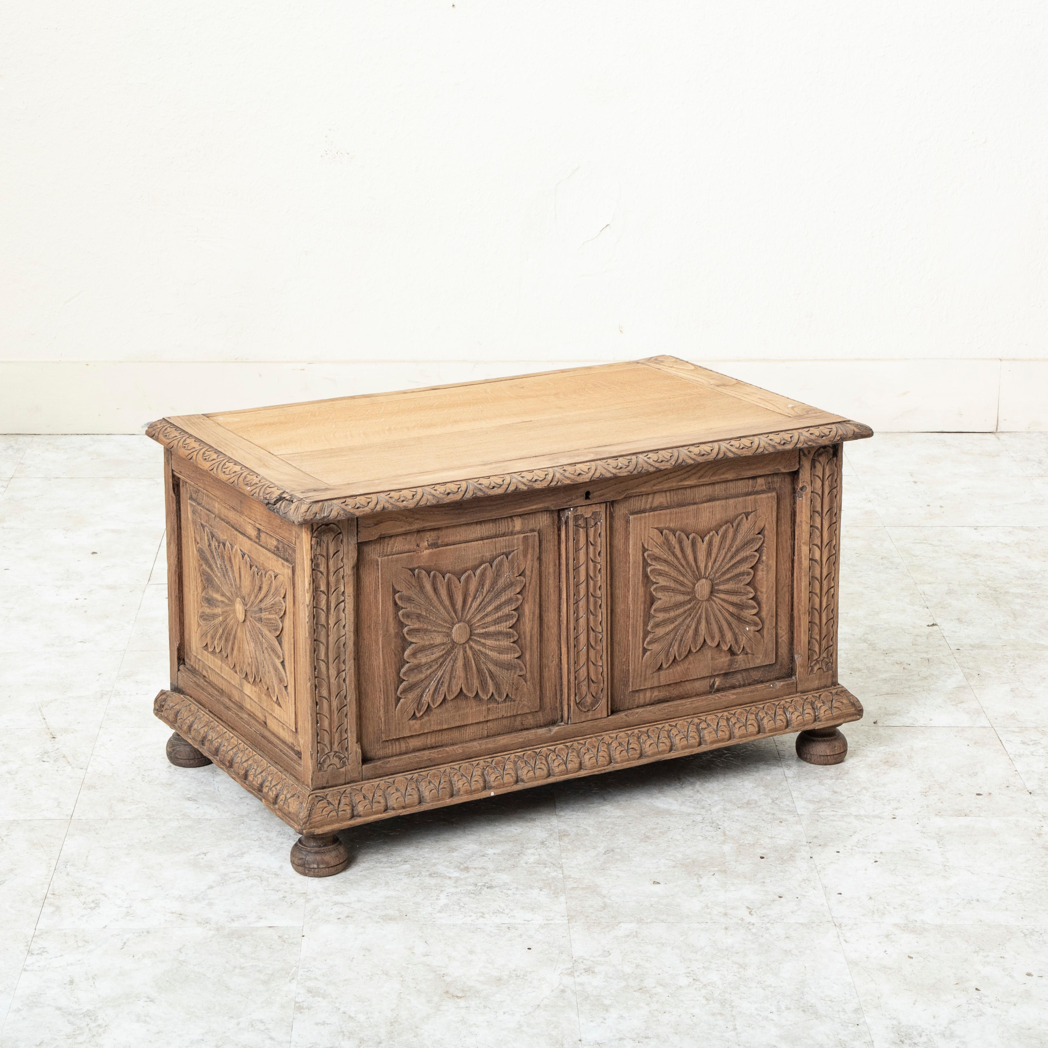 Late 19th Century French Hand Carved Bleached Oak Coffer Bench 1