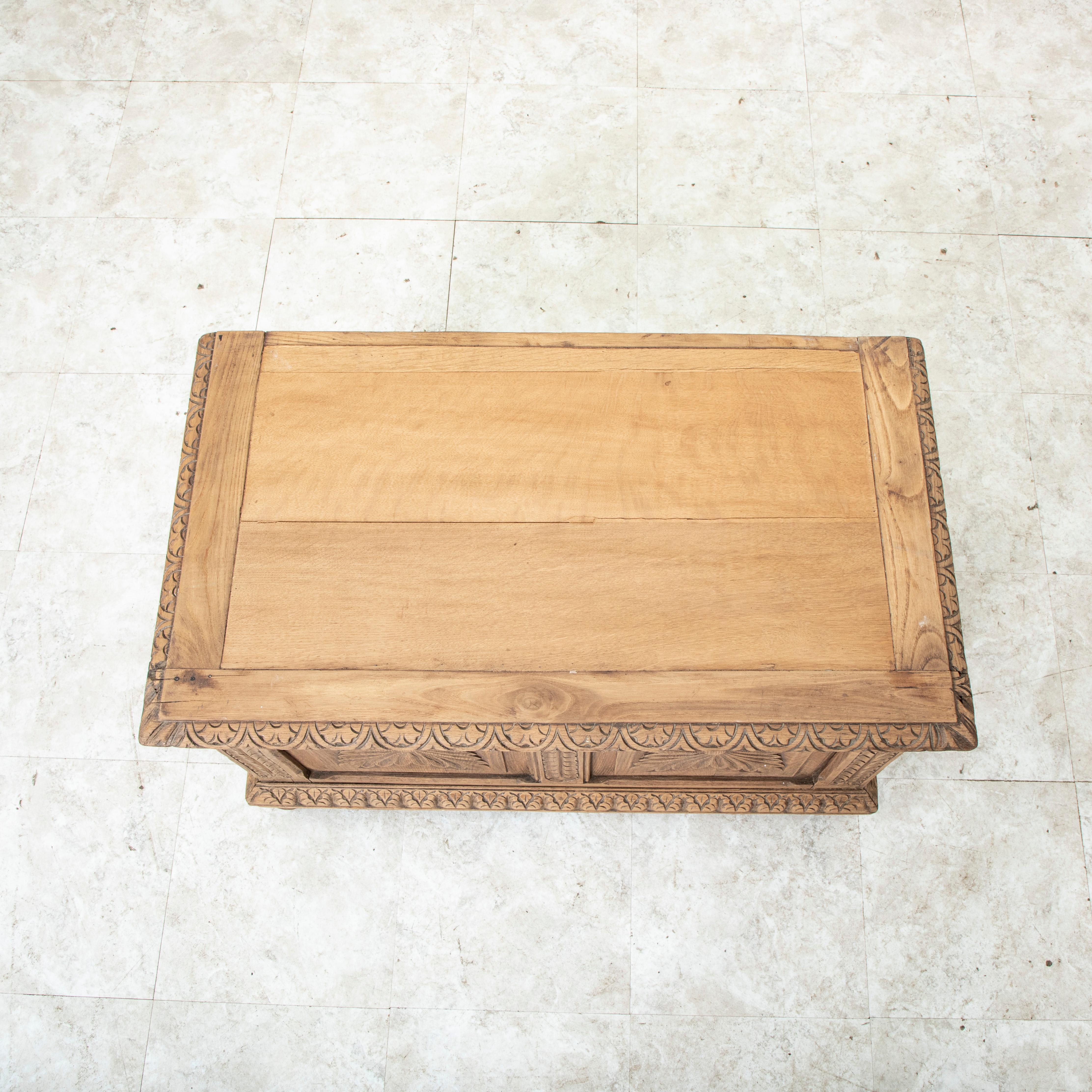 Late 19th Century French Hand Carved Bleached Oak Coffer Bench 6