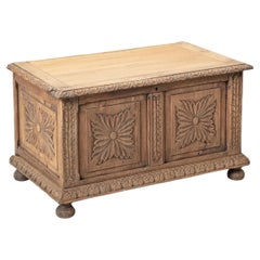 Late 19th Century French Hand Carved Bleached Oak Coffer Bench