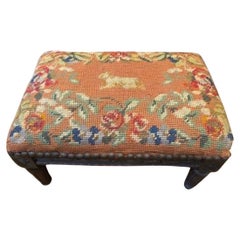 Antique Late 19th Century French Hand-Carved Mahogany and Needlepoint Tapestry Footstool