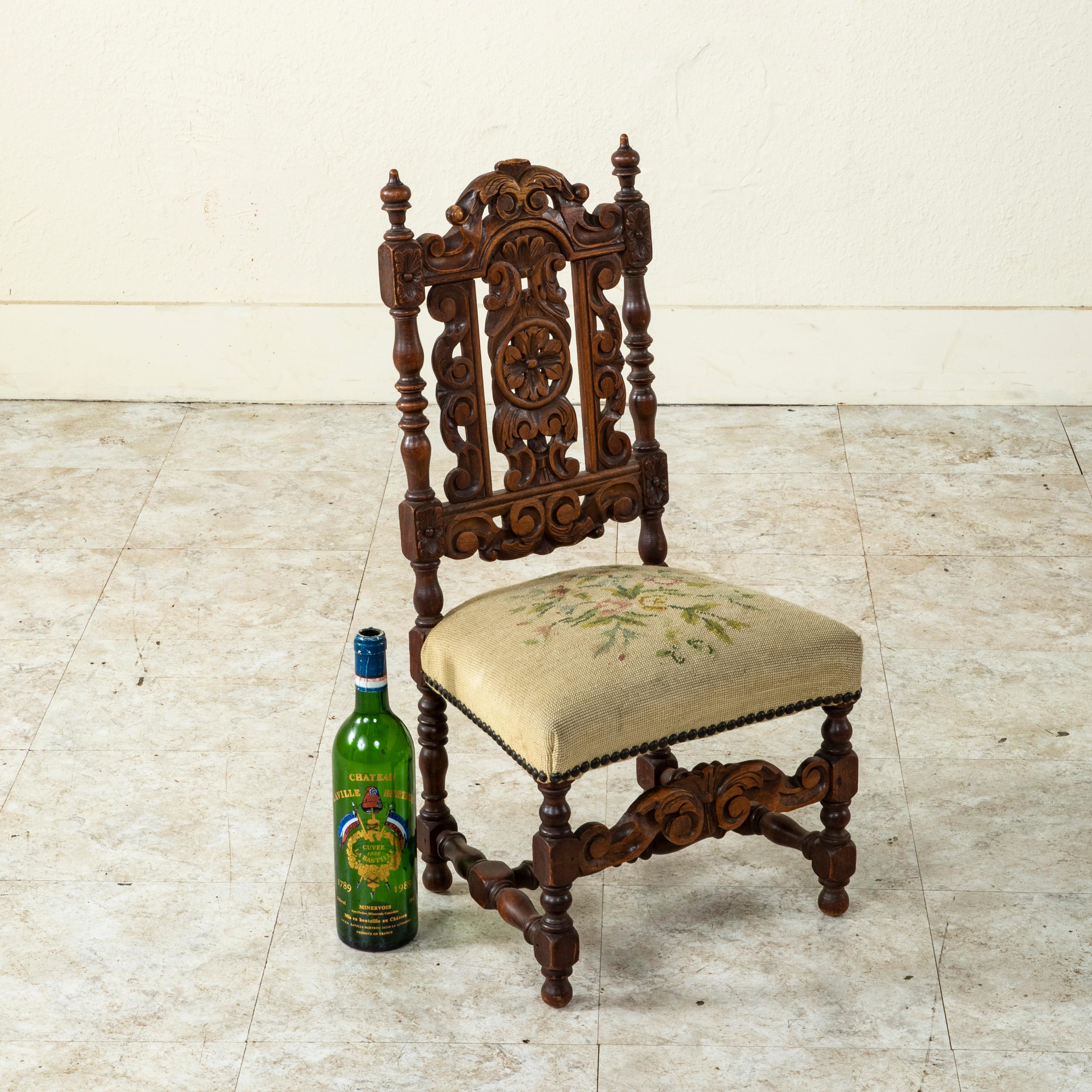 Late 19th Century French Hand Carved Oak Child's Chair with Needlepoint Seat For Sale 5
