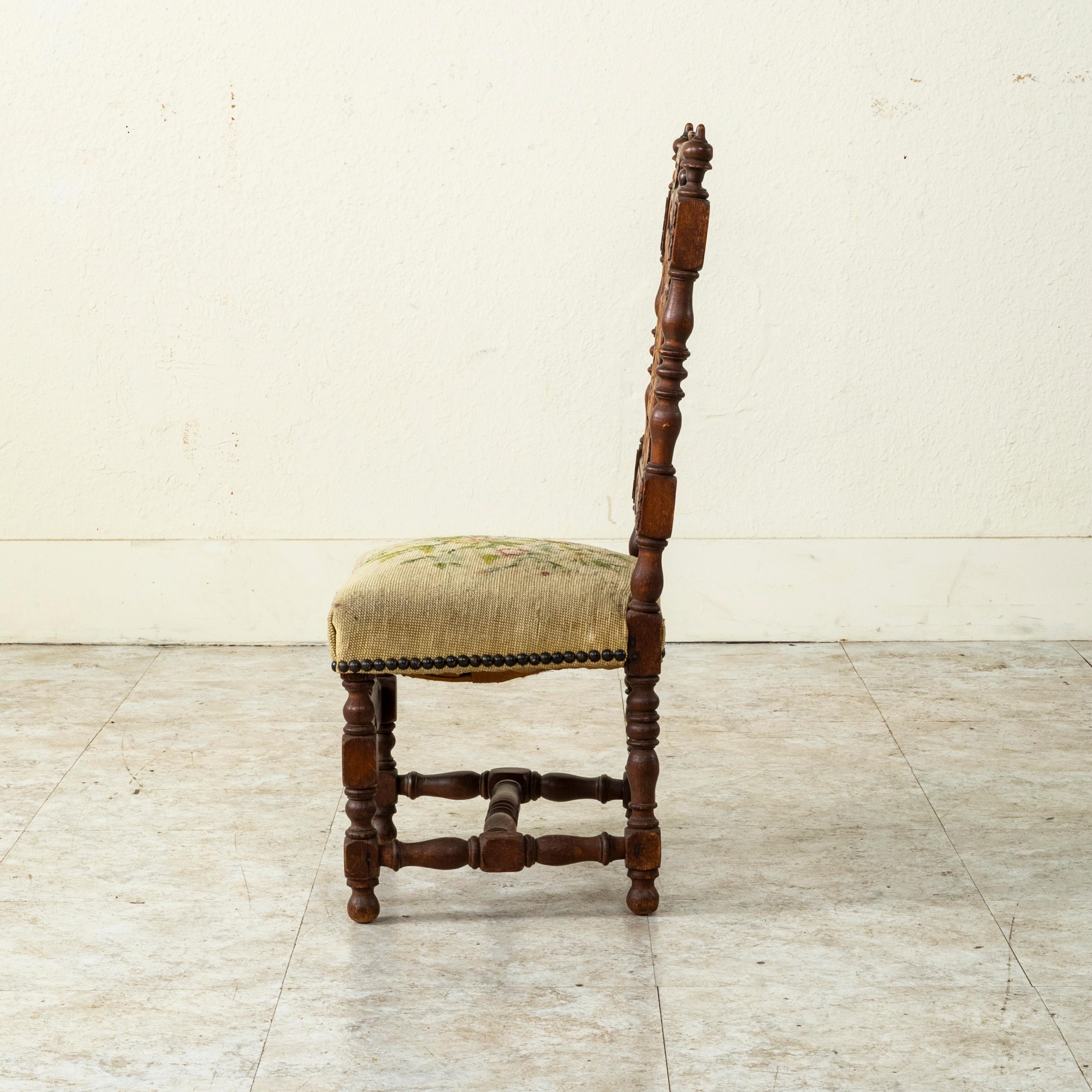 Hand-Carved Late 19th Century French Hand Carved Oak Child's Chair with Needlepoint Seat For Sale