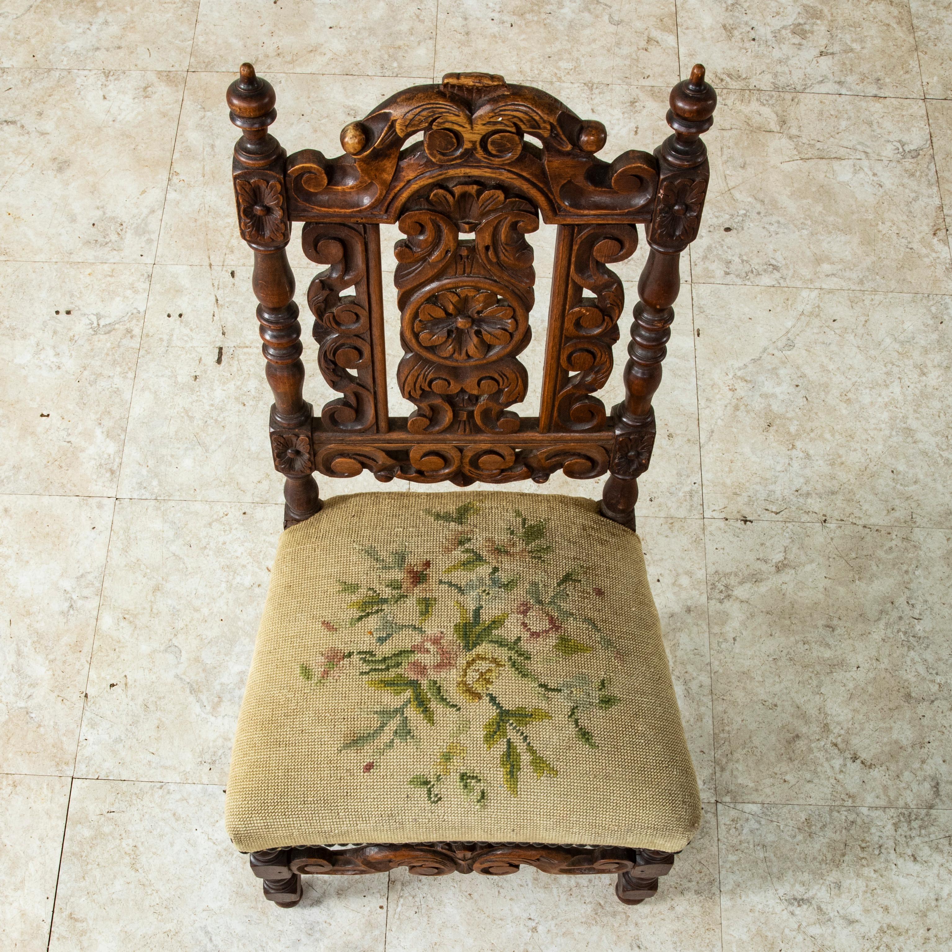 Late 19th Century French Hand Carved Oak Child's Chair with Needlepoint Seat For Sale 1