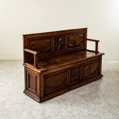 Late 19th Century French Hand Carved Oak Coffer Bench