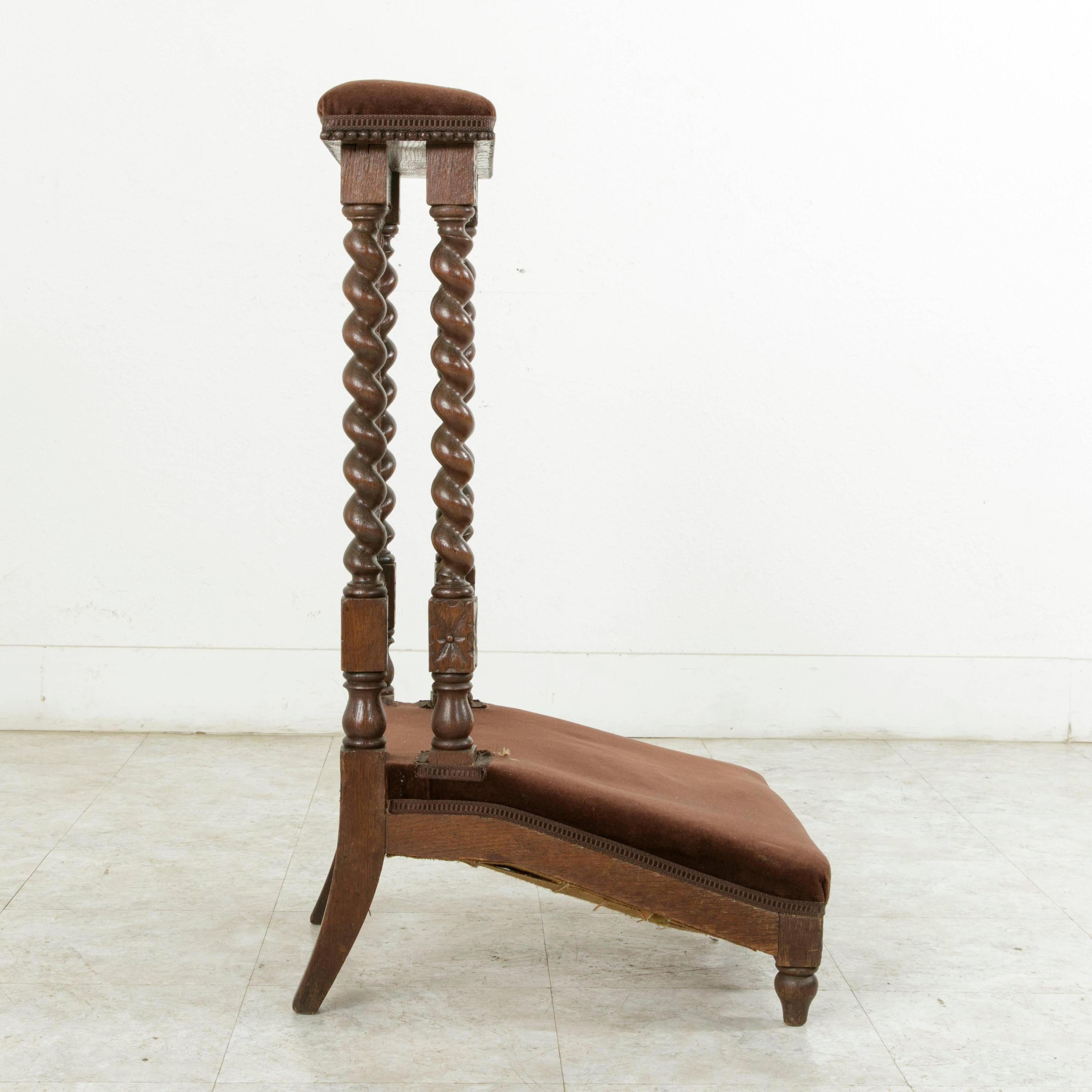 Mohair Late 19th Century French Hand-Carved Oak Prie Dieu or Prayer Chair with Columns
