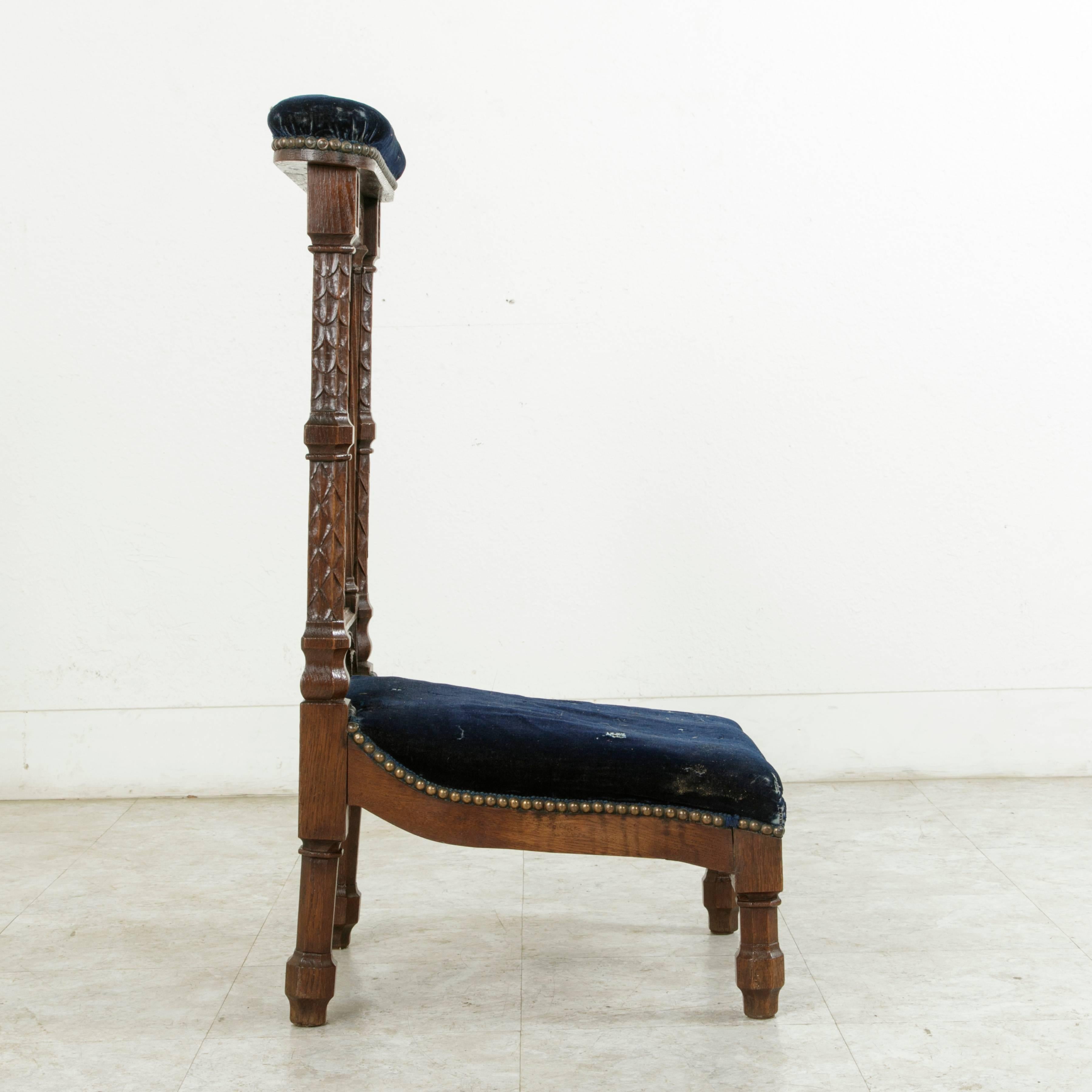 Mohair Late 19th Century French Hand-Carved Oak Prie-Dieu or Prayer Chair with Cross