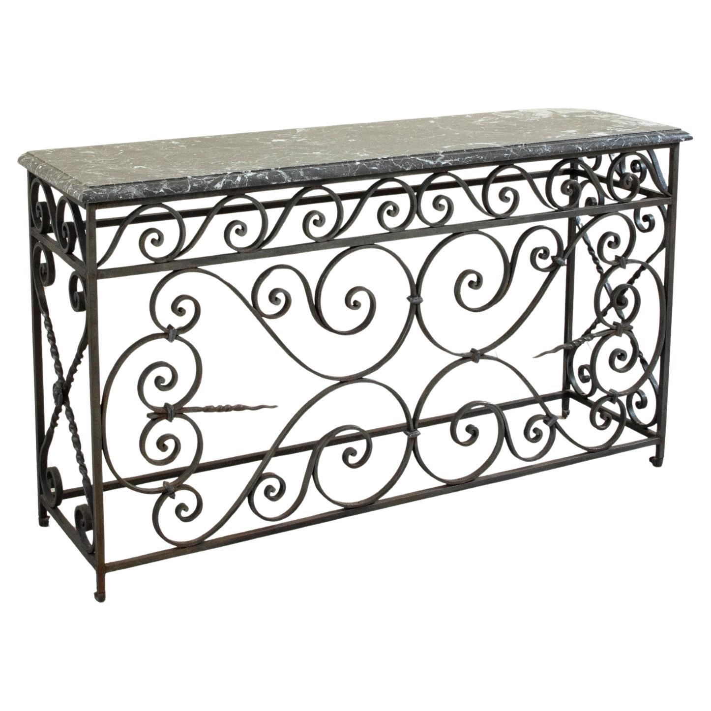 Late 19th Century French Hand Forged Iron Balcony Console Table with Marble Top