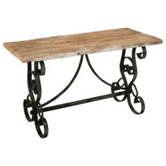 Late 19th Century French Hand Forged Iron Console Sofa Table with Rustic Oak Top