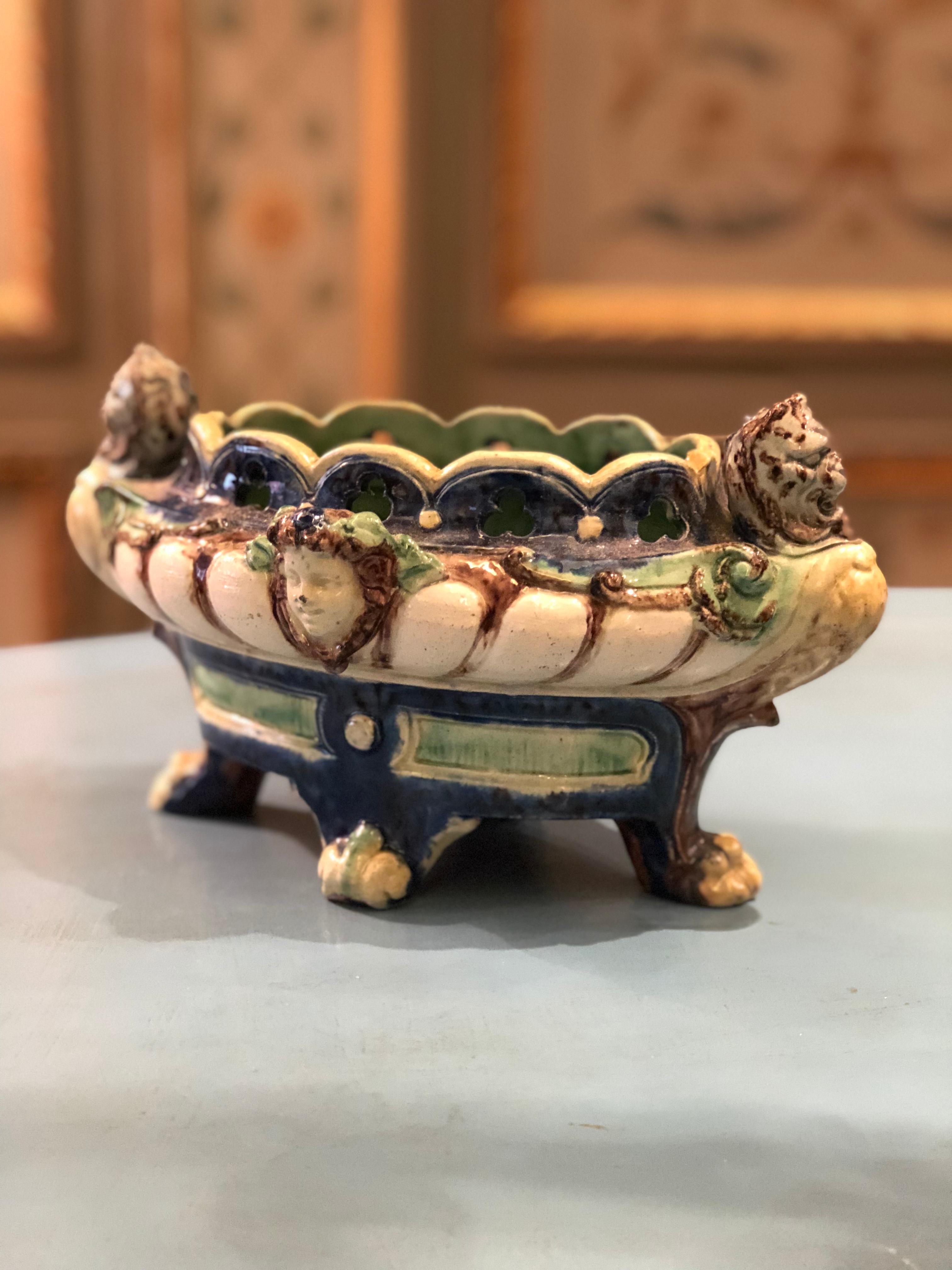 Napoleon III Late 19th Century French Hand Painted Barbotine Jardinière For Sale