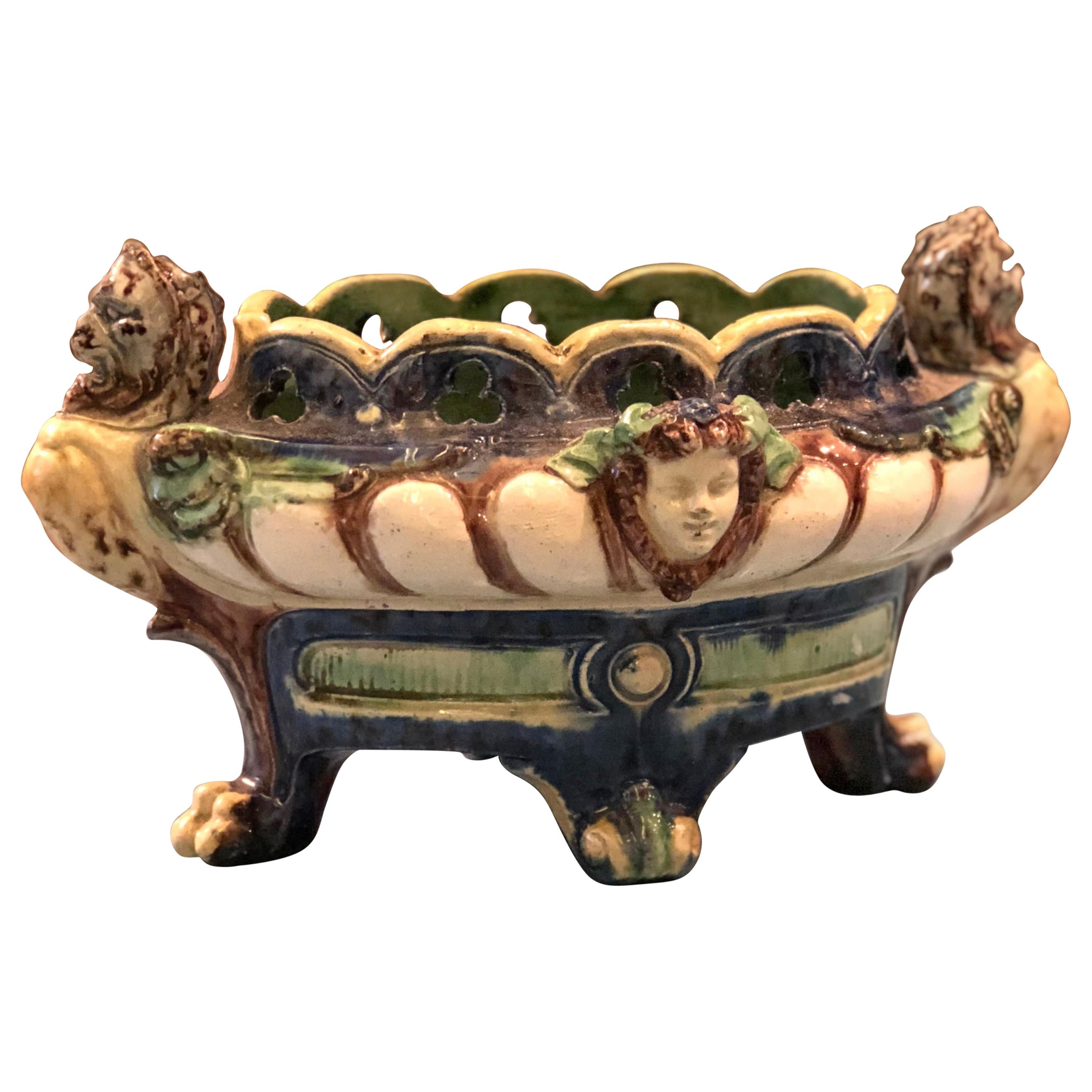 Late 19th Century French Hand Painted Barbotine Jardinière For Sale